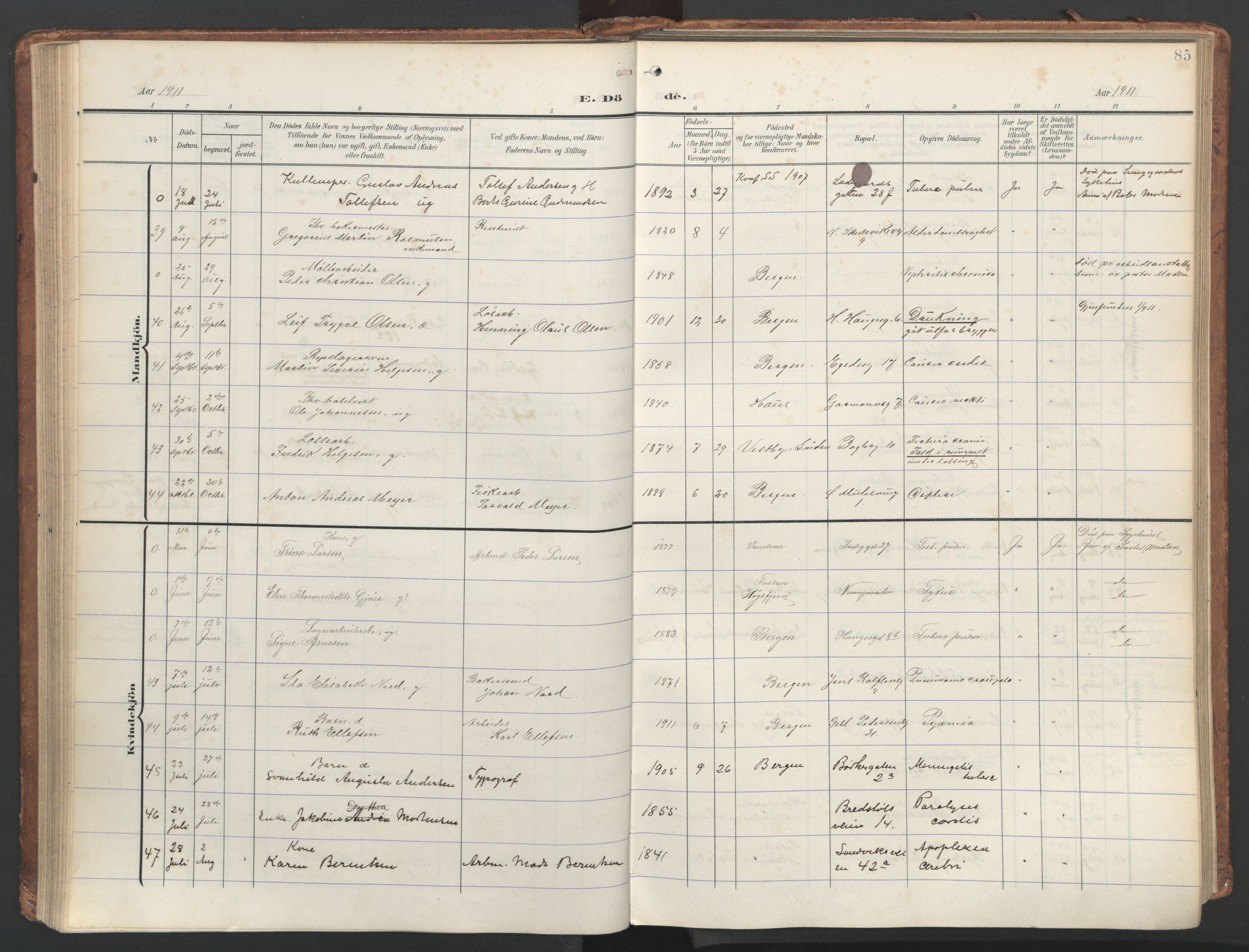 Sandviken Sokneprestembete, AV/SAB-A-77601/H/Ha/L0019: Parish register (official) no. E 2, 1905-1933, p. 85