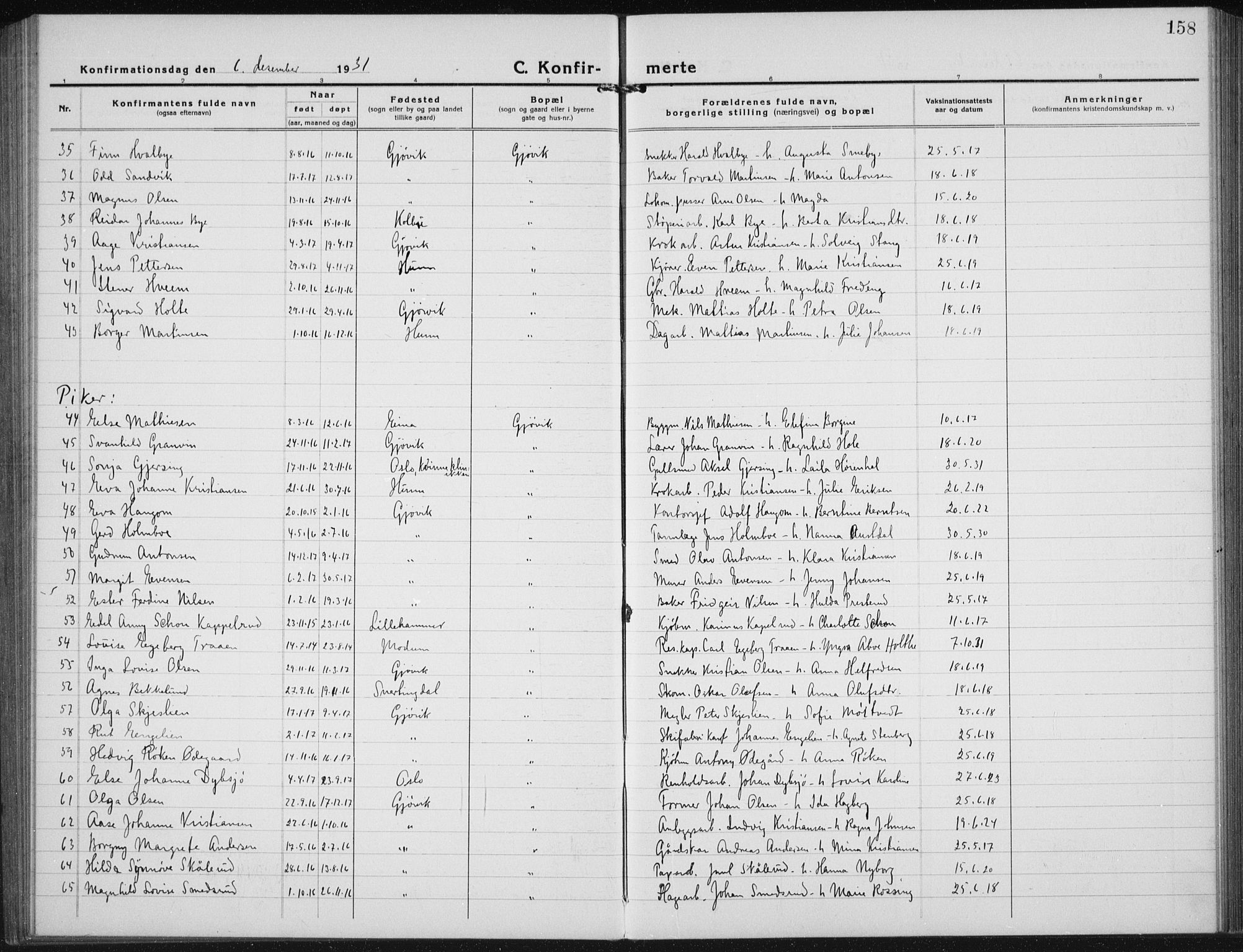 Vardal prestekontor, SAH/PREST-100/H/Ha/Hab/L0017: Parish register (copy) no. 17, 1922-1941, p. 158