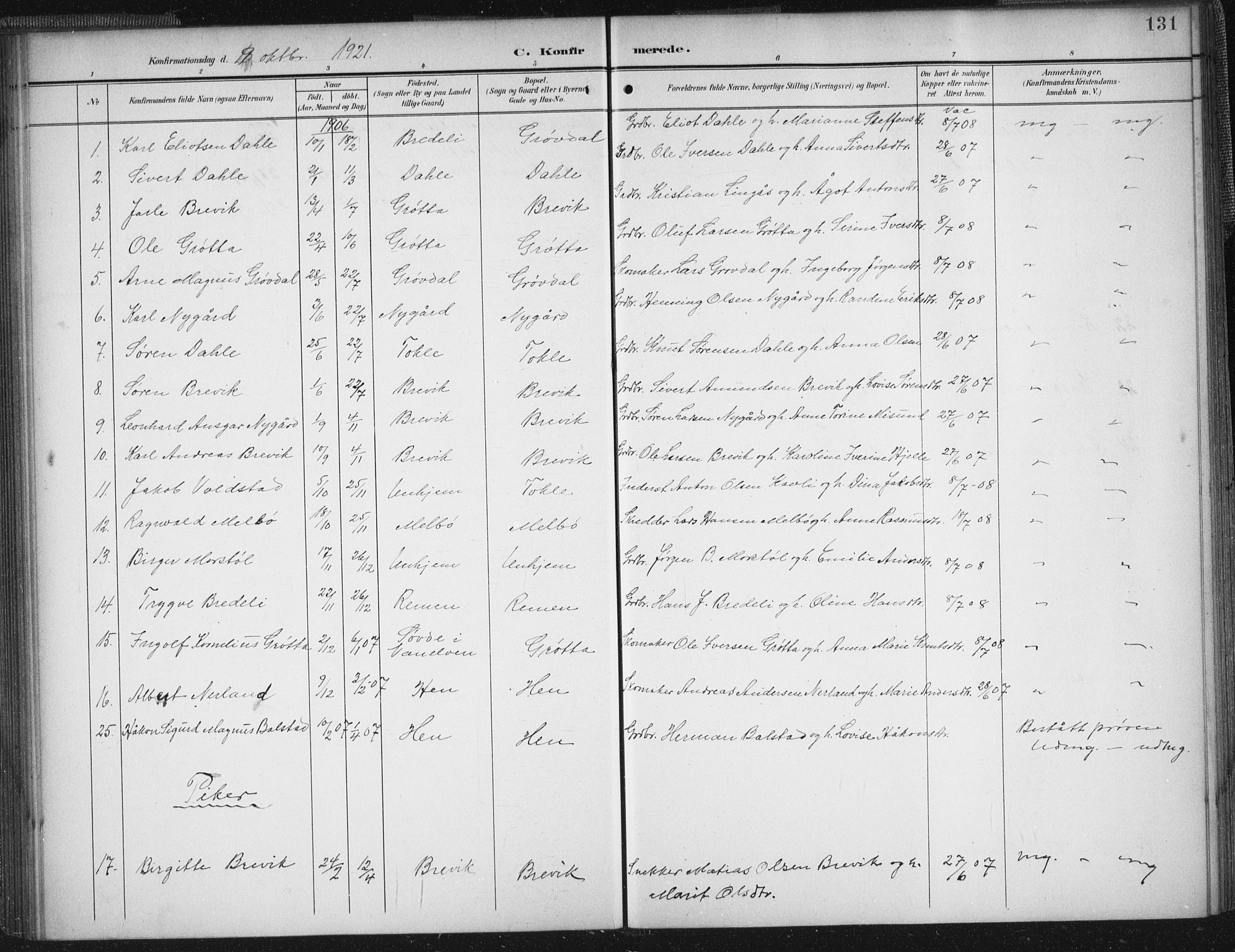 Ministerialprotokoller, klokkerbøker og fødselsregistre - Møre og Romsdal, AV/SAT-A-1454/545/L0589: Parish register (copy) no. 545C03, 1902-1937, p. 131