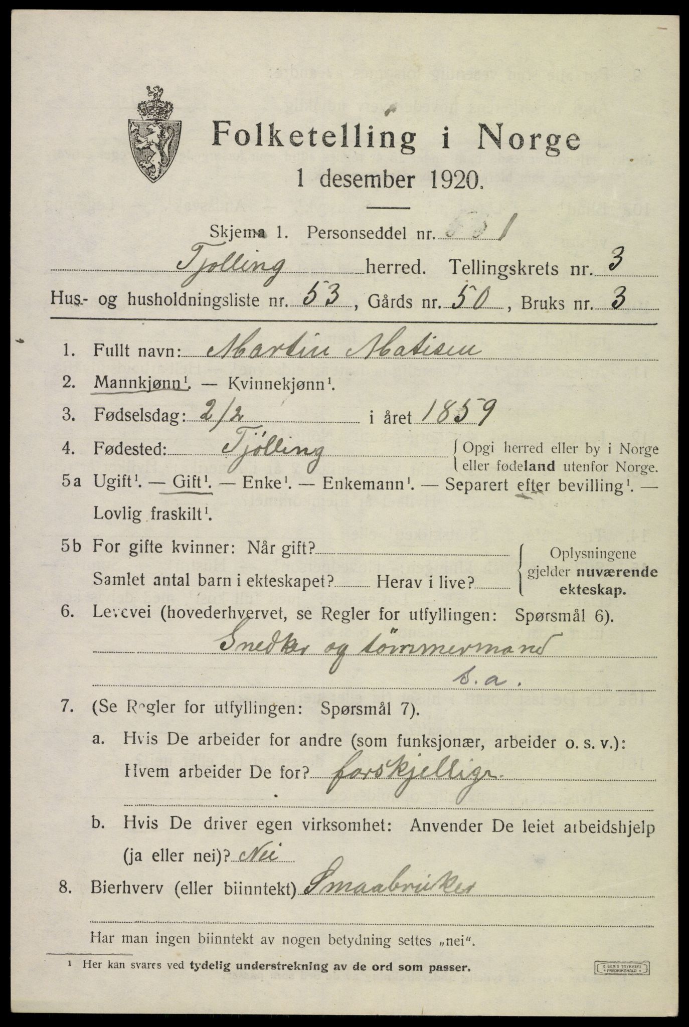 SAKO, 1920 census for Tjølling, 1920, p. 7493