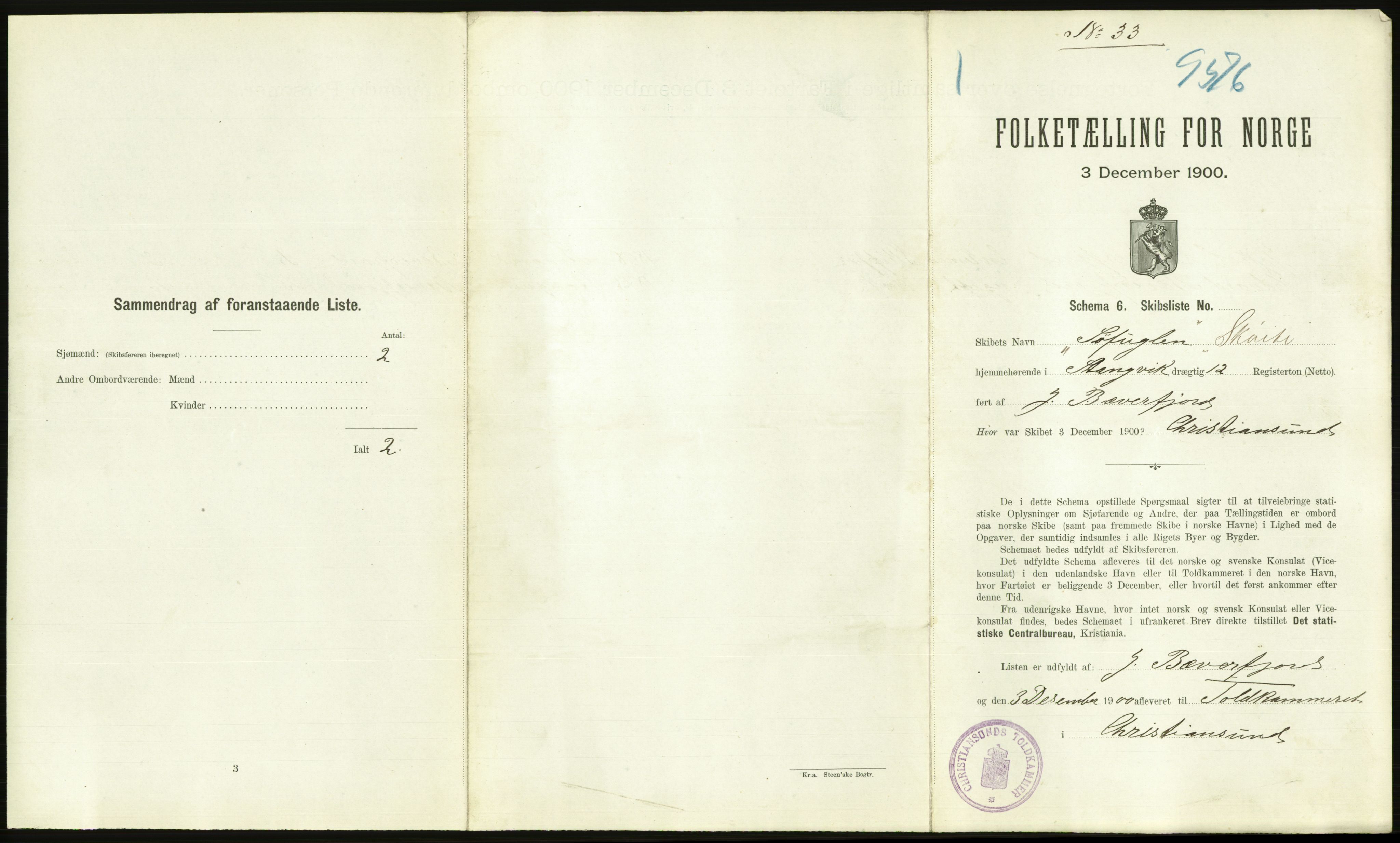 RA, 1900 Census - ship lists from ships in Norwegian harbours, harbours abroad and at sea, 1900, p. 2187