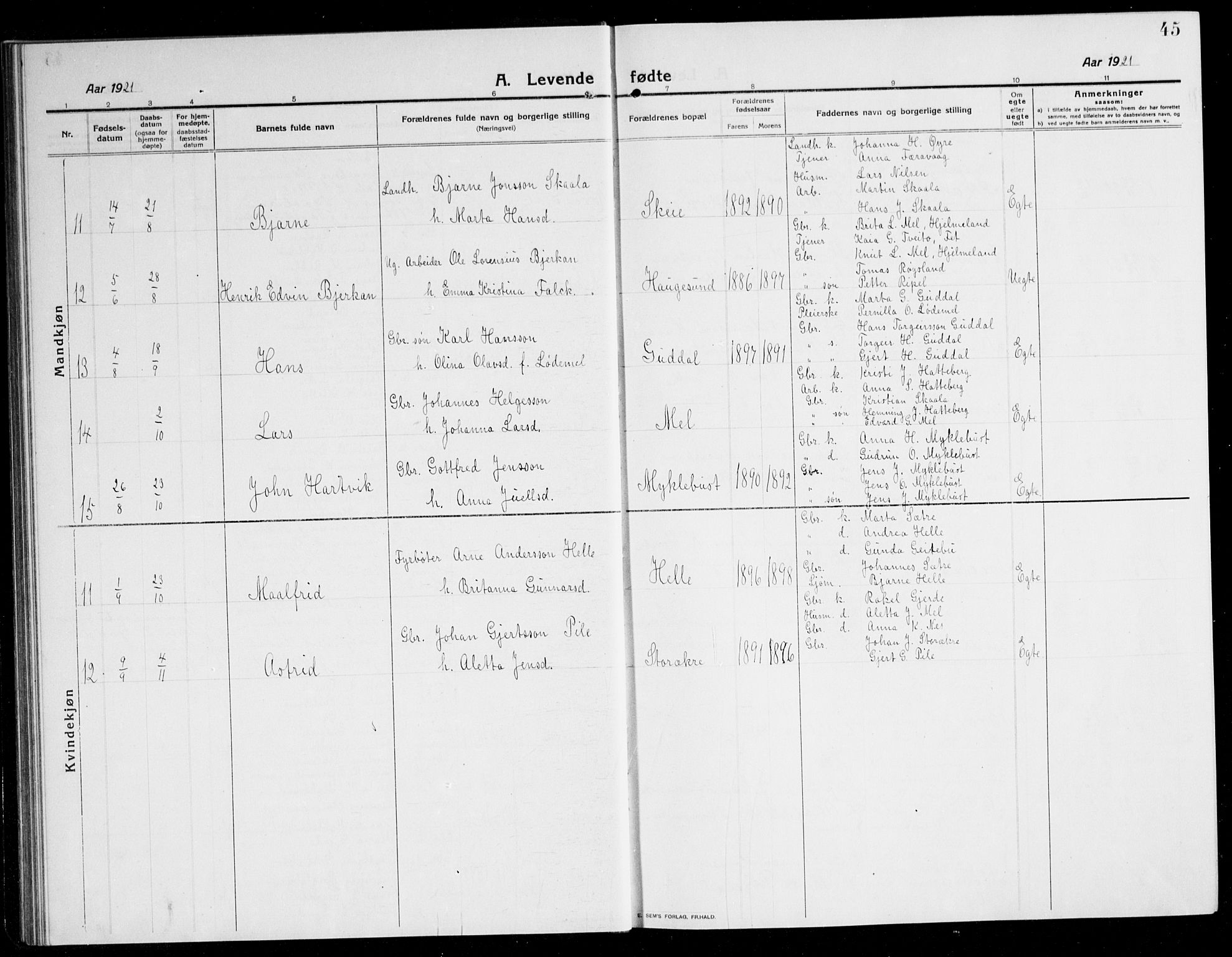 Kvinnherad sokneprestembete, AV/SAB-A-76401/H/Hab: Parish register (copy) no. A 3, 1911-1945, p. 45