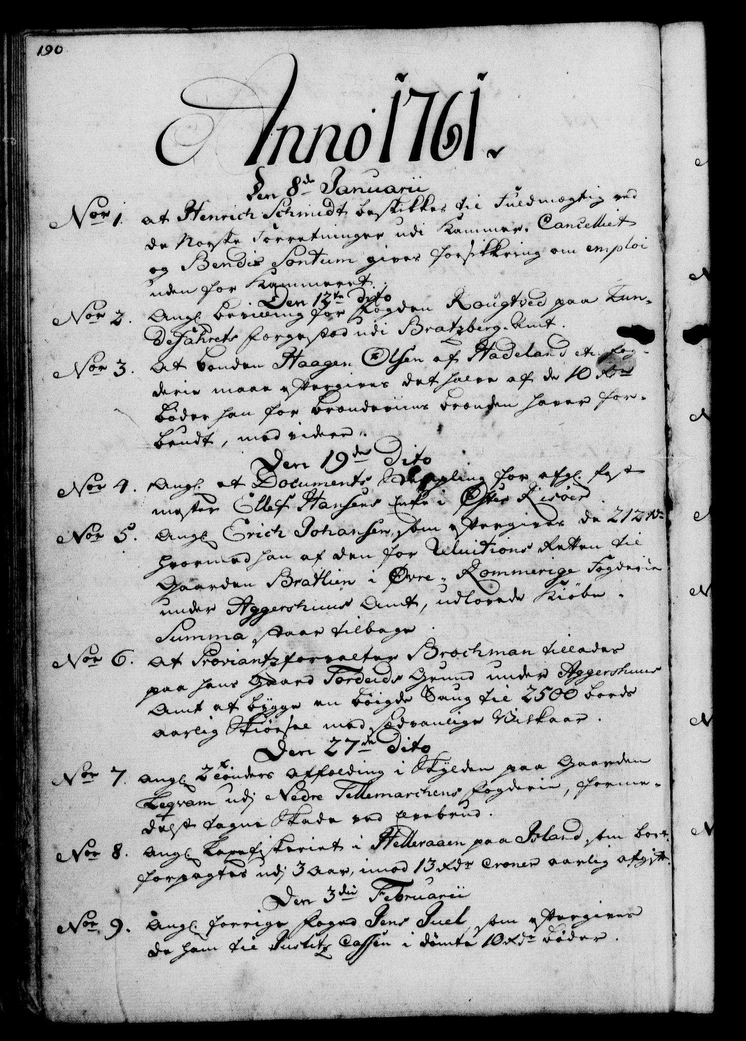 Rentekammeret, Kammerkanselliet, RA/EA-3111/G/Gf/Gfb/L0006: Register til norske relasjons- og resolusjonsprotokoller (merket RK 52.101), 1755-1765, p. 190