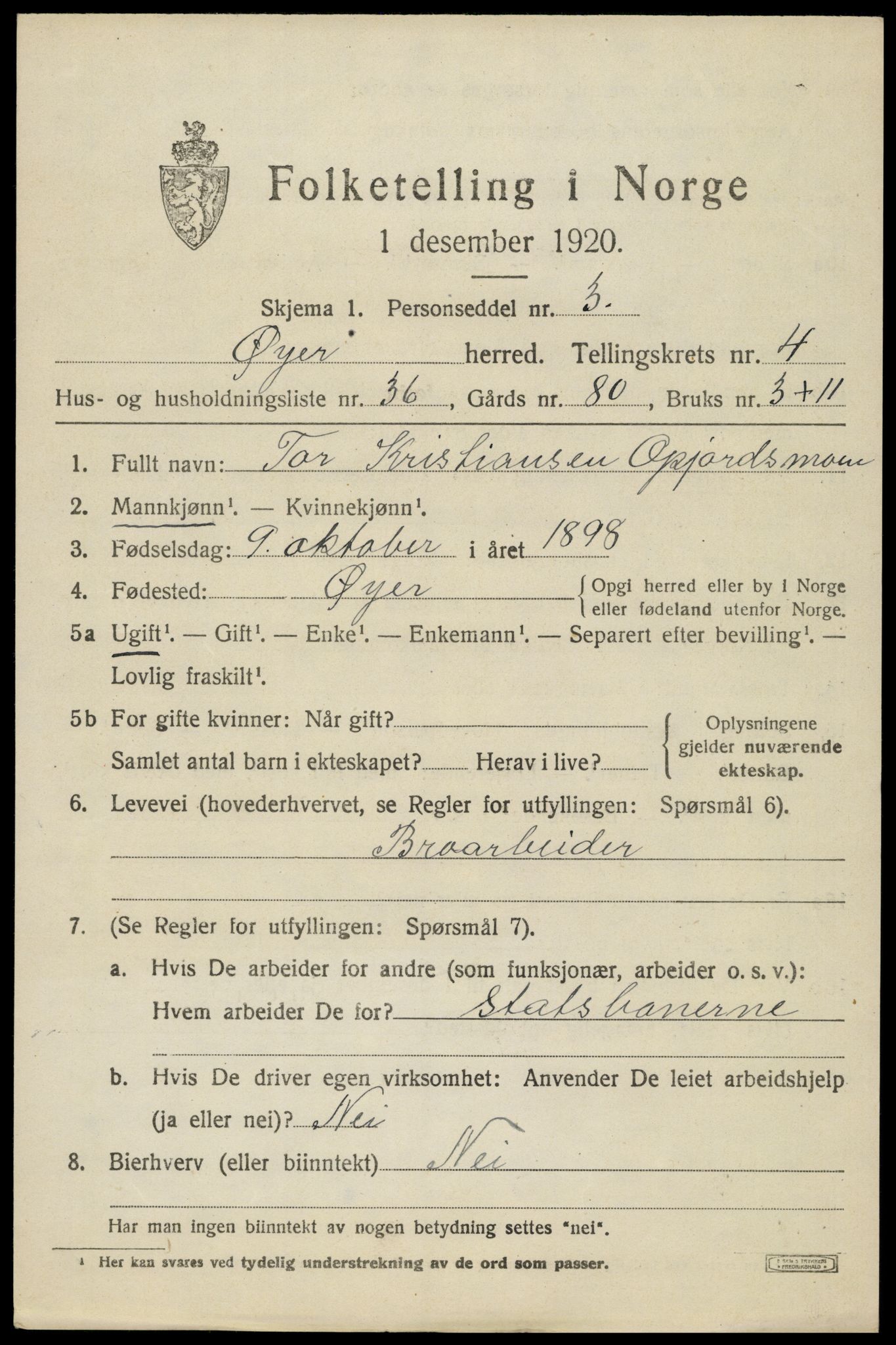 SAH, 1920 census for Øyer, 1920, p. 4265