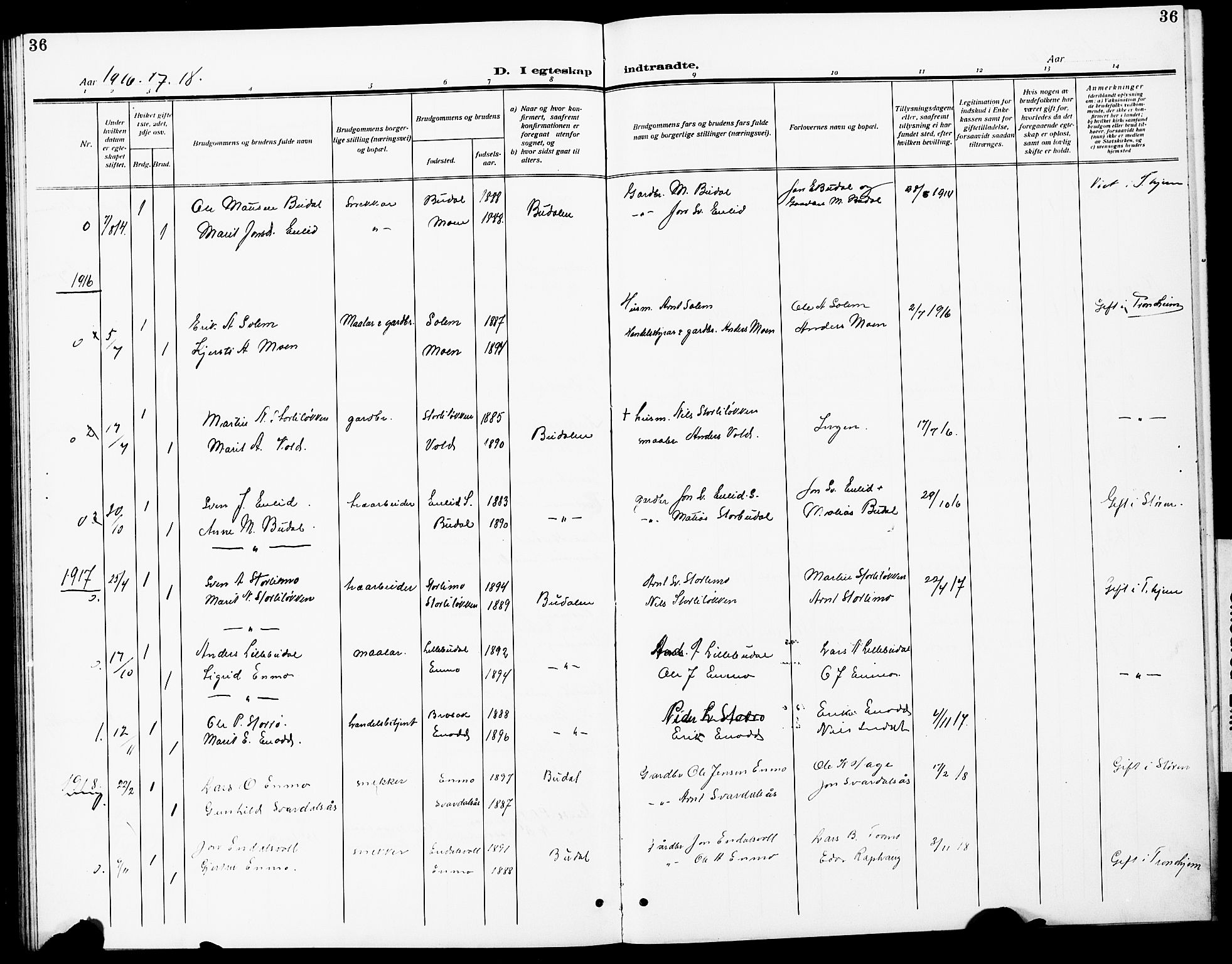 Ministerialprotokoller, klokkerbøker og fødselsregistre - Sør-Trøndelag, SAT/A-1456/690/L1052: Parish register (copy) no. 690C02, 1907-1929, p. 36