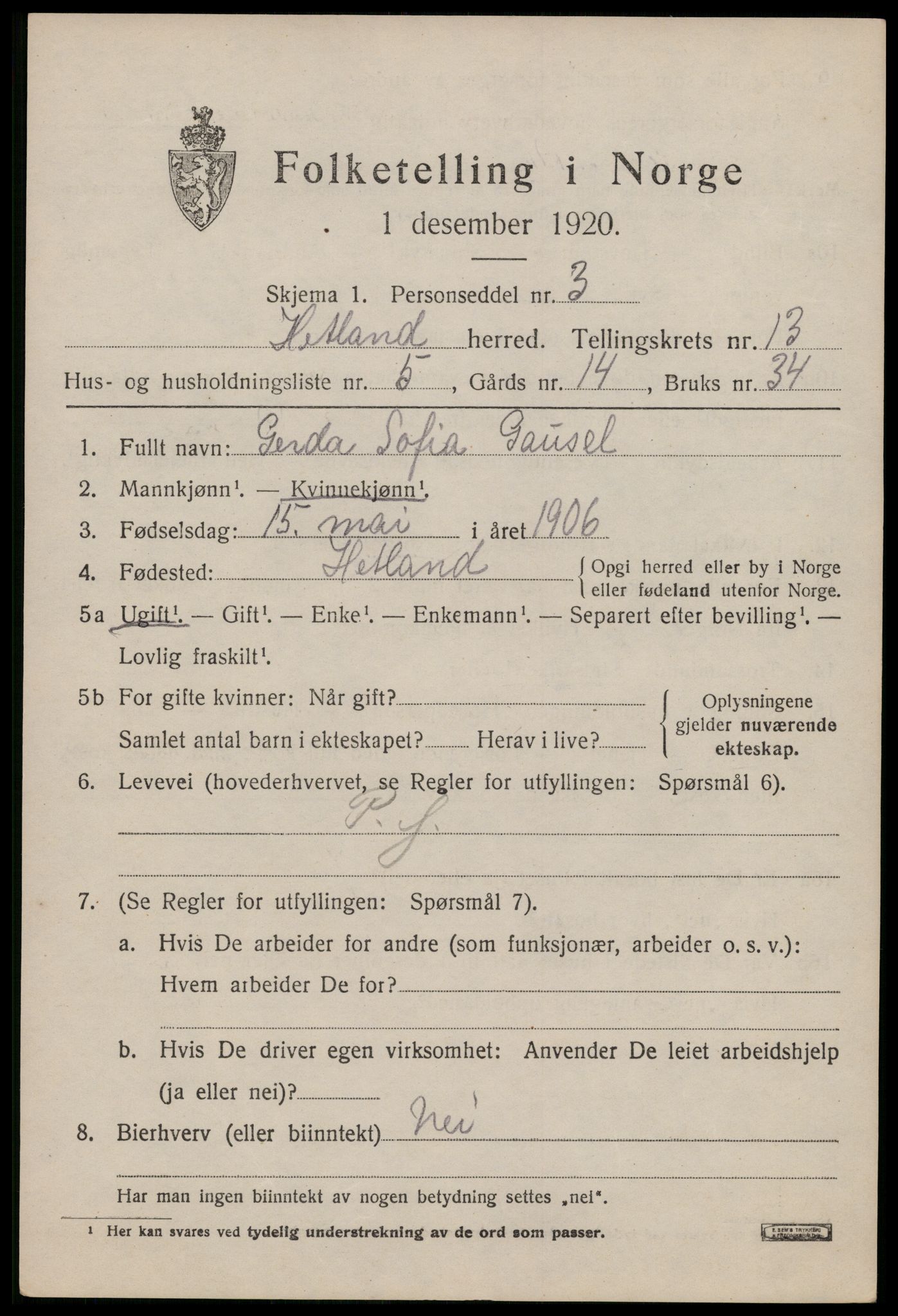 SAST, 1920 census for Hetland, 1920, p. 21691