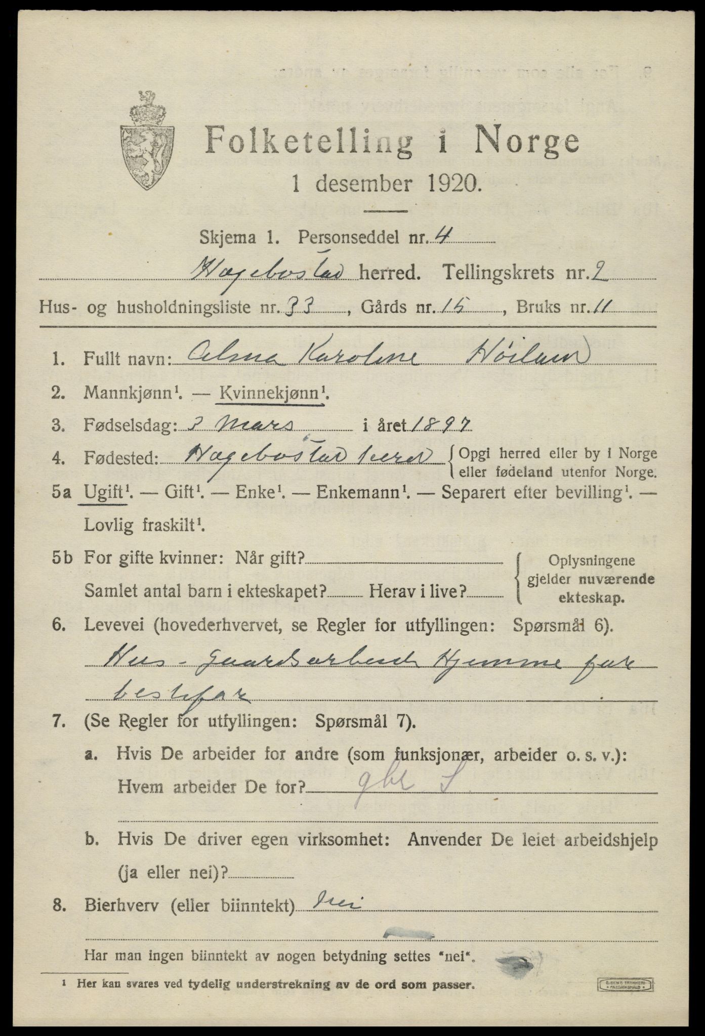 SAK, 1920 census for Hægebostad, 1920, p. 1109