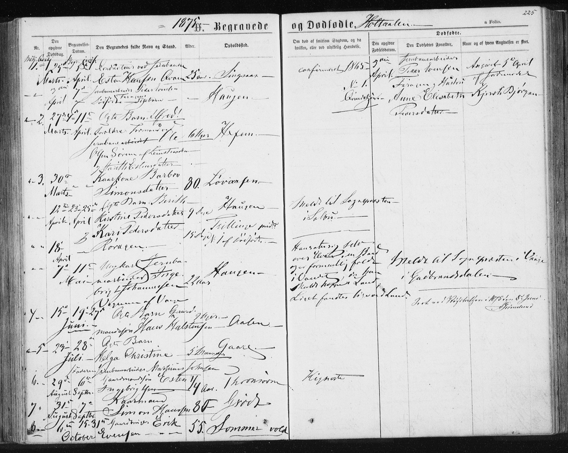 Ministerialprotokoller, klokkerbøker og fødselsregistre - Sør-Trøndelag, SAT/A-1456/685/L0969: Parish register (official) no. 685A08 /1, 1870-1878, p. 225