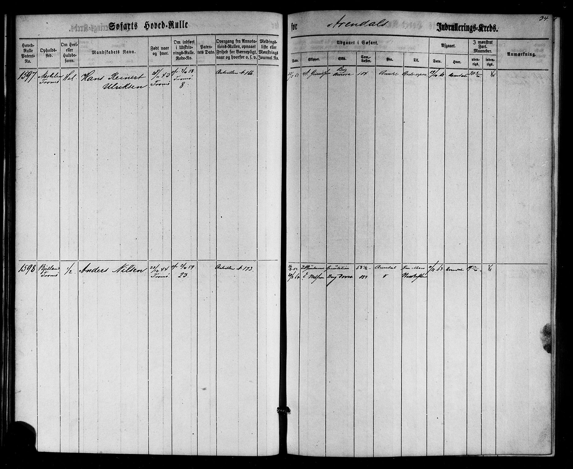 Arendal mønstringskrets, SAK/2031-0012/F/Fb/L0002: Hovedrulle nr 1533-1724 uten register, E-3, 1863-1864, p. 34