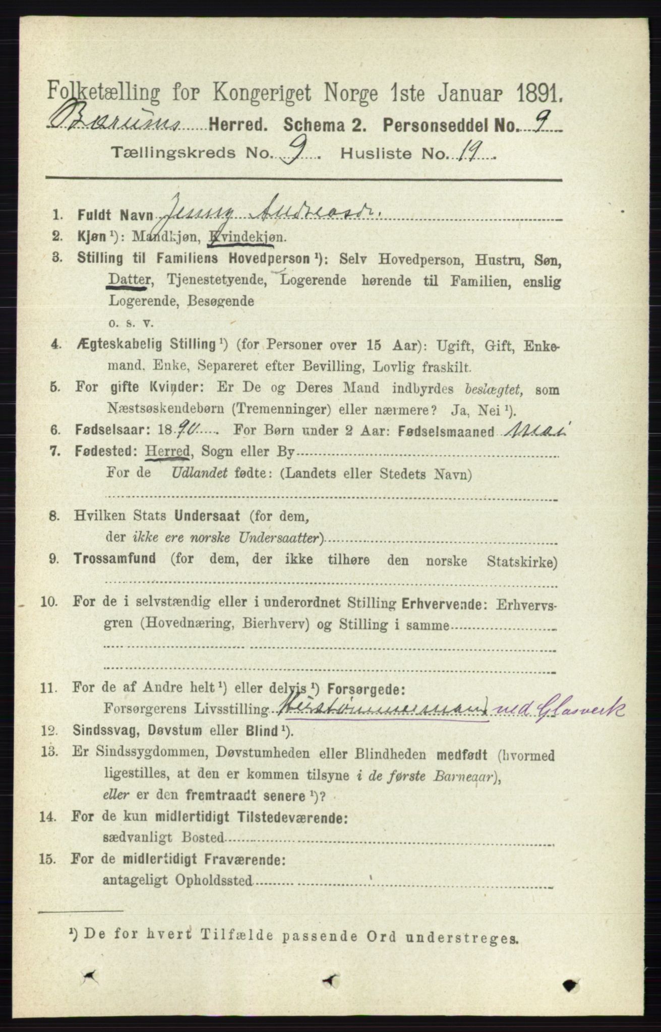 RA, 1891 census for 0219 Bærum, 1891, p. 5288