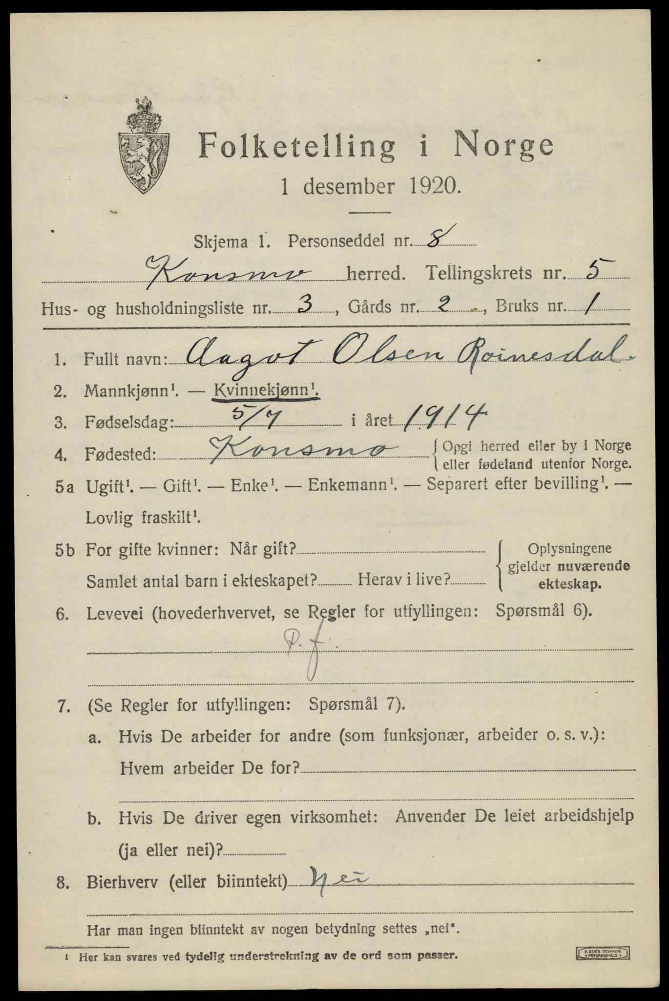 SAK, 1920 census for Konsmo, 1920, p. 1306
