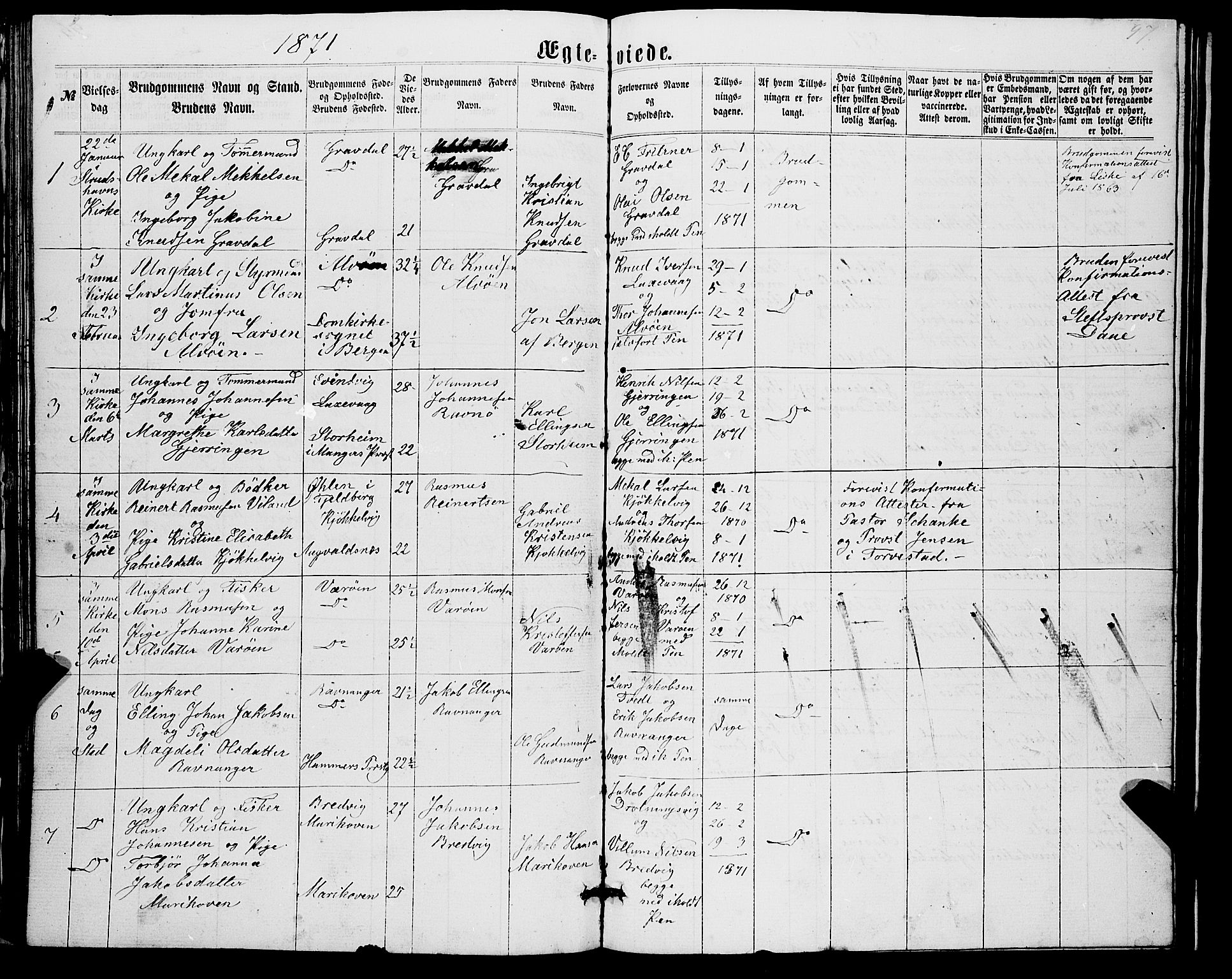 Askøy Sokneprestembete, AV/SAB-A-74101/H/Ha/Hab/Haba/L0006: Parish register (copy) no. A 6, 1861-1881, p. 97