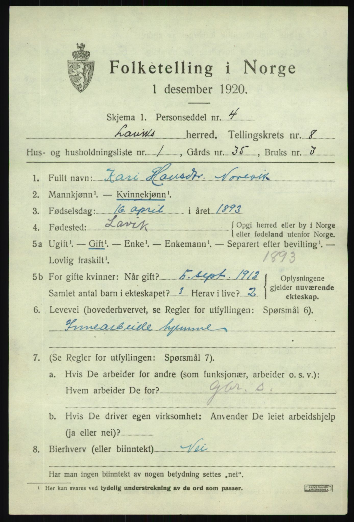 SAB, 1920 census for Lavik, 1920, p. 1748