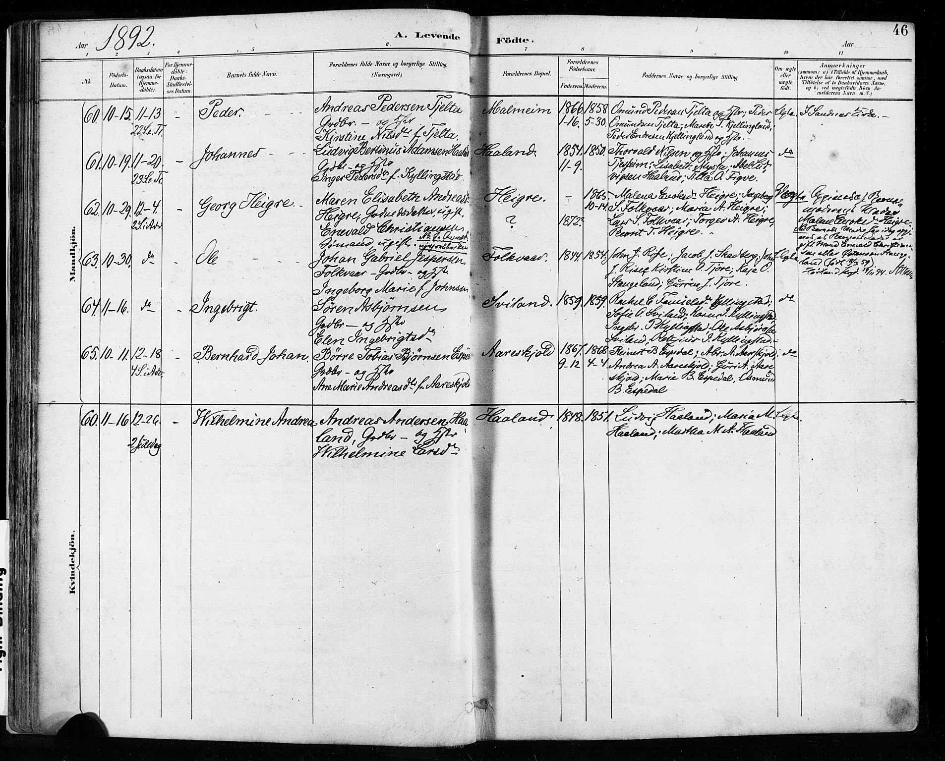Høyland sokneprestkontor, SAST/A-101799/001/30BA/L0013: Parish register (official) no. A 13.1, 1889-1898, p. 46