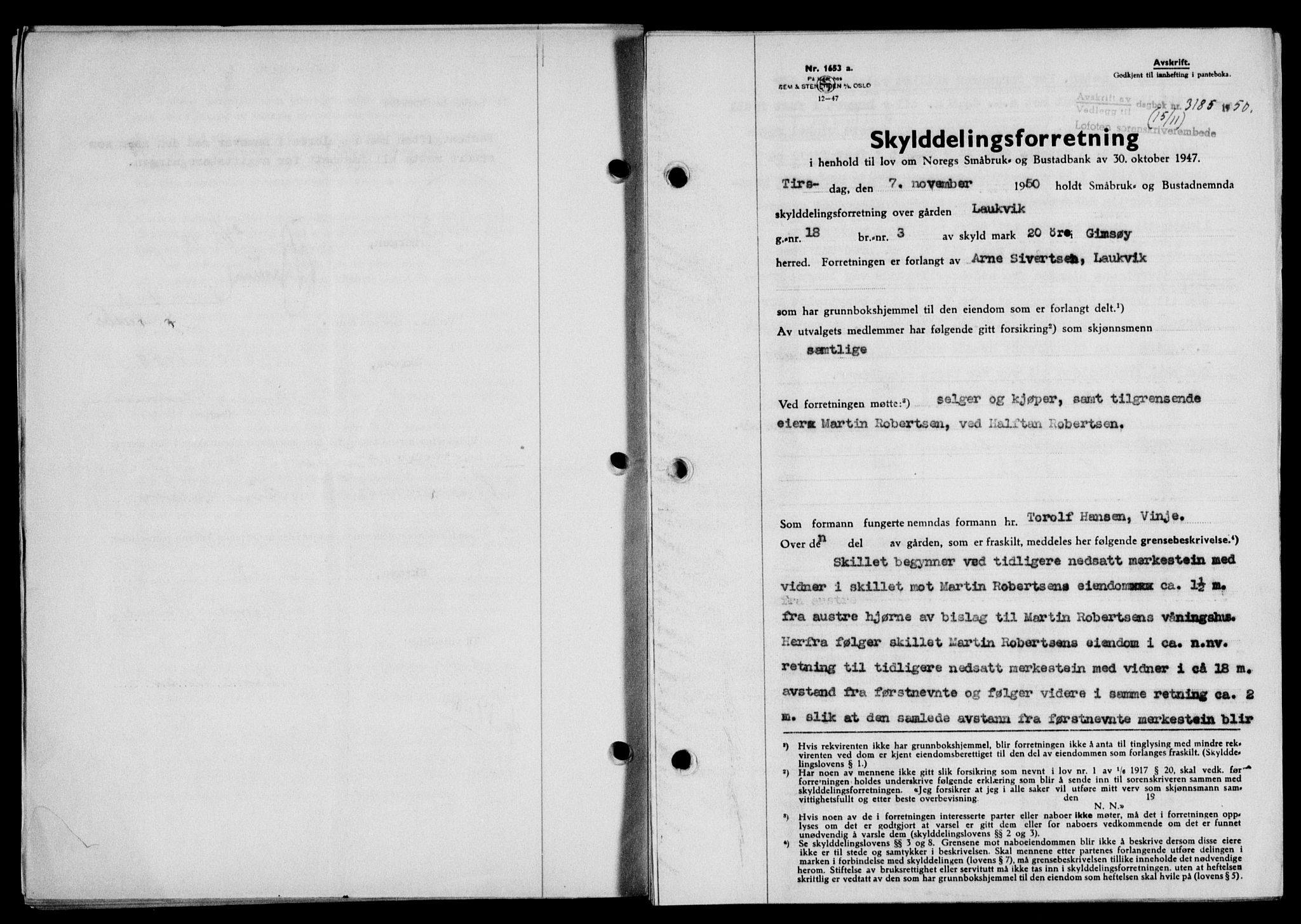 Lofoten sorenskriveri, SAT/A-0017/1/2/2C/L0025a: Mortgage book no. 25a, 1950-1951, Diary no: : 3185/1950