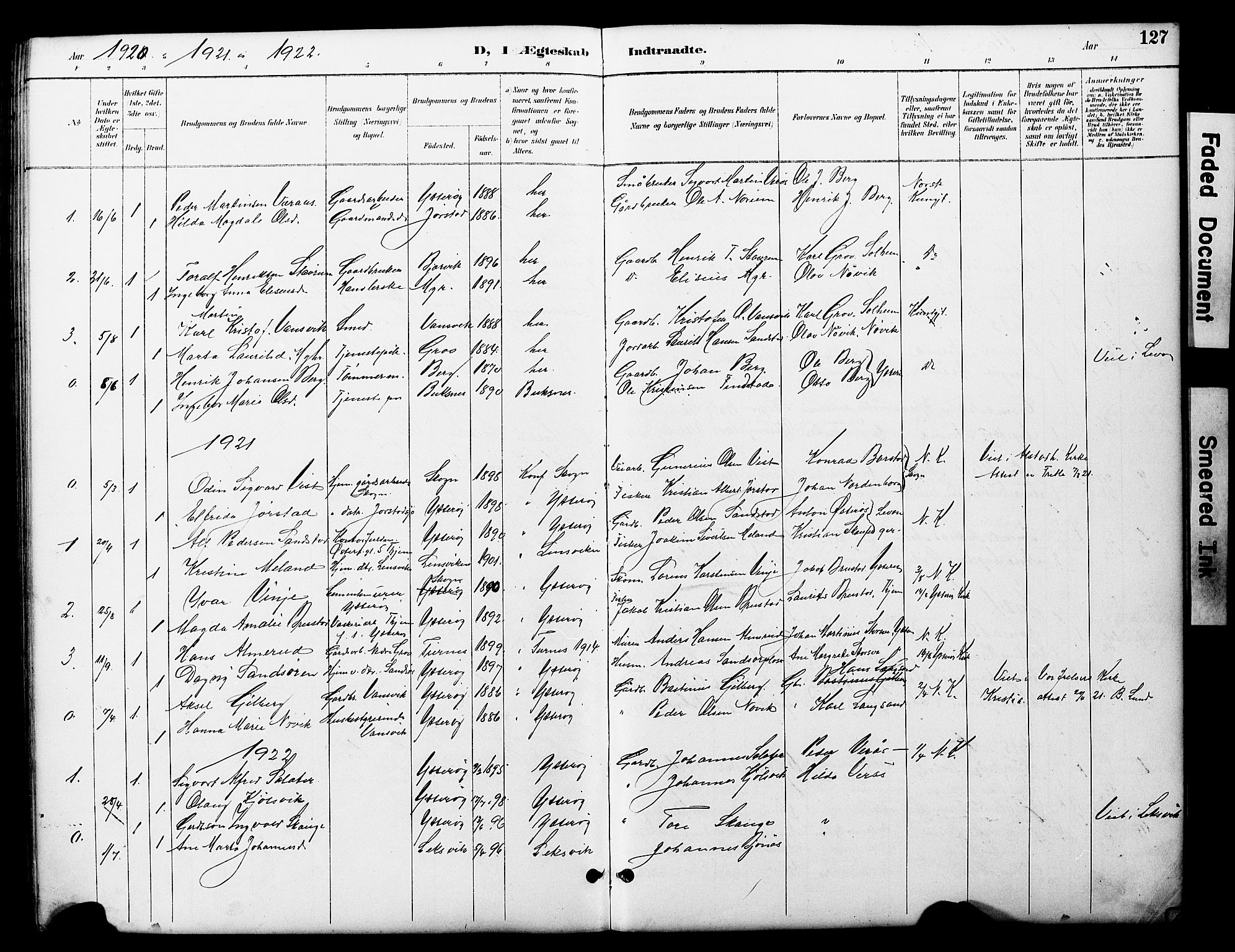 Ministerialprotokoller, klokkerbøker og fødselsregistre - Nord-Trøndelag, AV/SAT-A-1458/722/L0226: Parish register (copy) no. 722C02, 1889-1927, p. 127