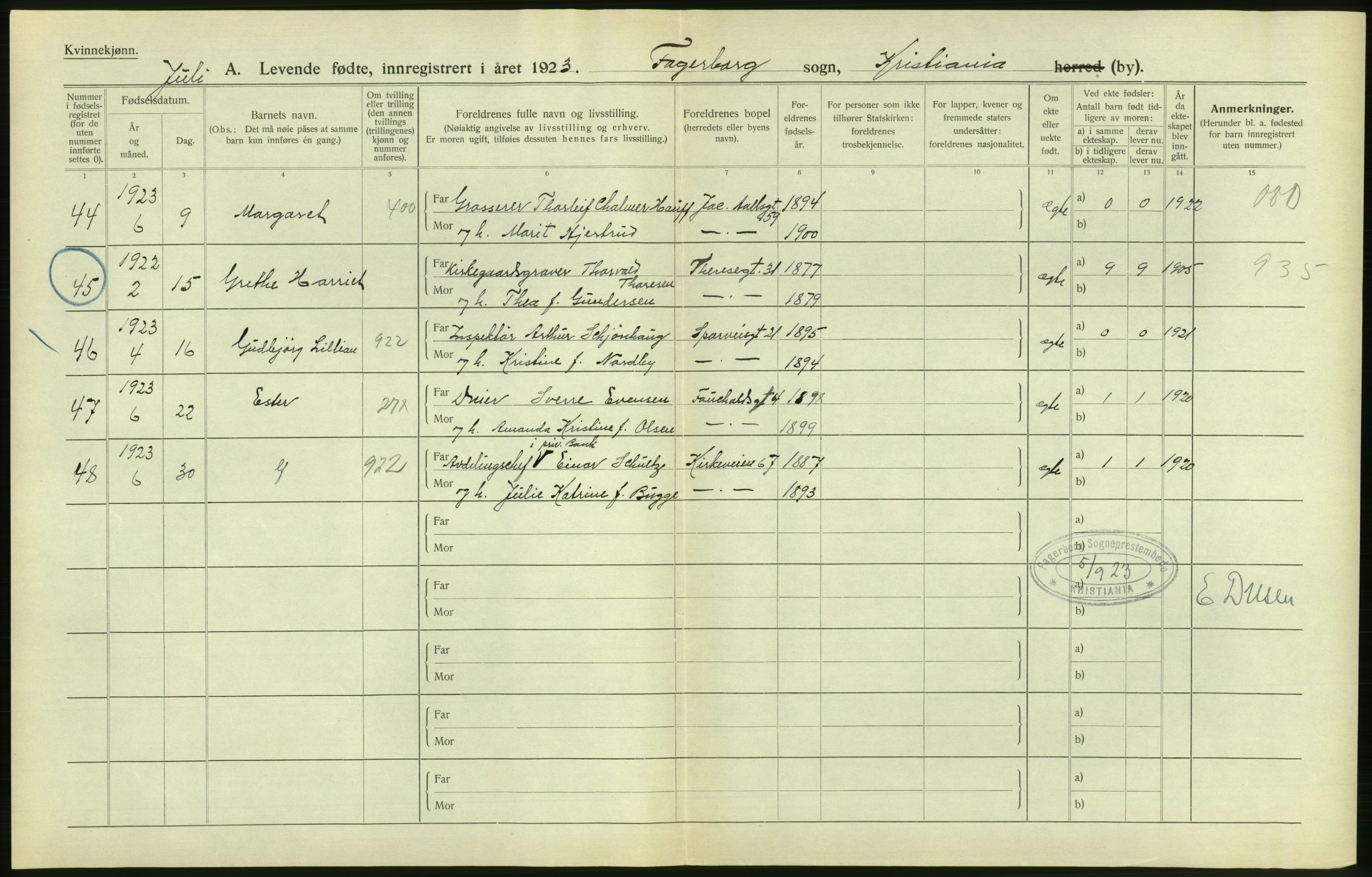 Statistisk sentralbyrå, Sosiodemografiske emner, Befolkning, AV/RA-S-2228/D/Df/Dfc/Dfcc/L0006: Kristiania: Levendefødte menn og kvinner., 1923, p. 90