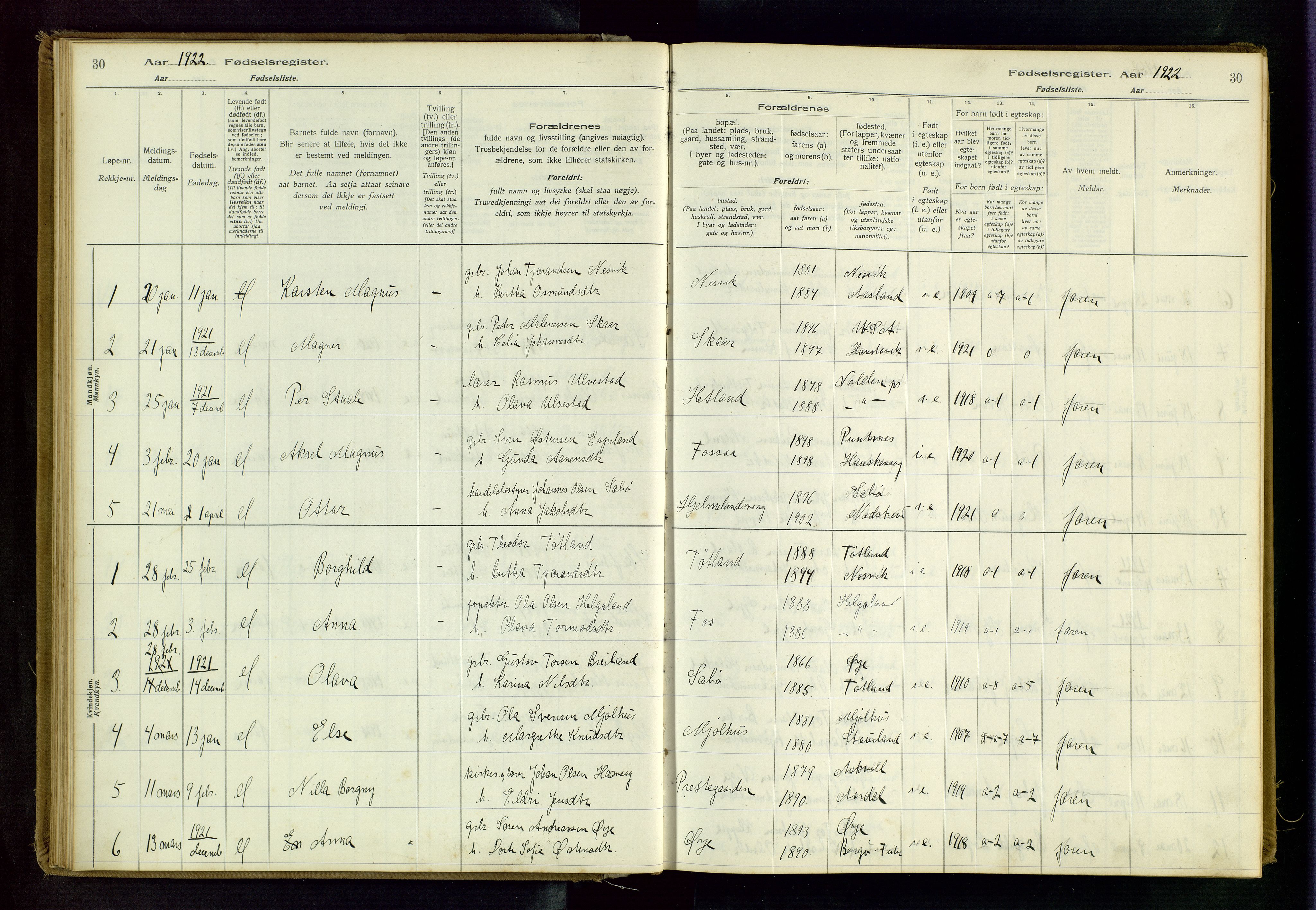 Hjelmeland sokneprestkontor, AV/SAST-A-101843/02/B/L0001: Birth register no. 1, 1916-1963, p. 30