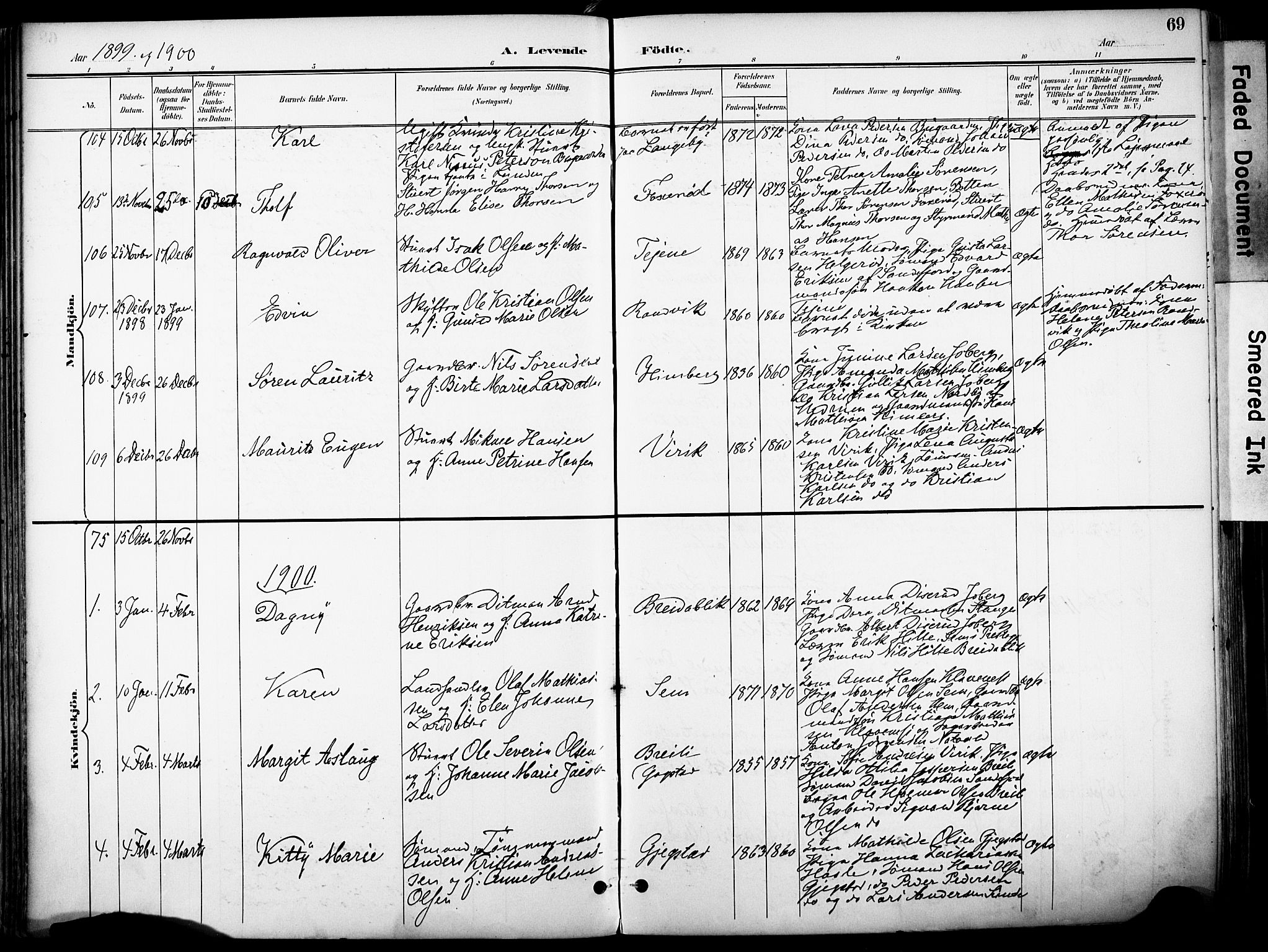 Sandar kirkebøker, SAKO/A-243/F/Fa/L0014: Parish register (official) no. 14, 1896-1909, p. 69