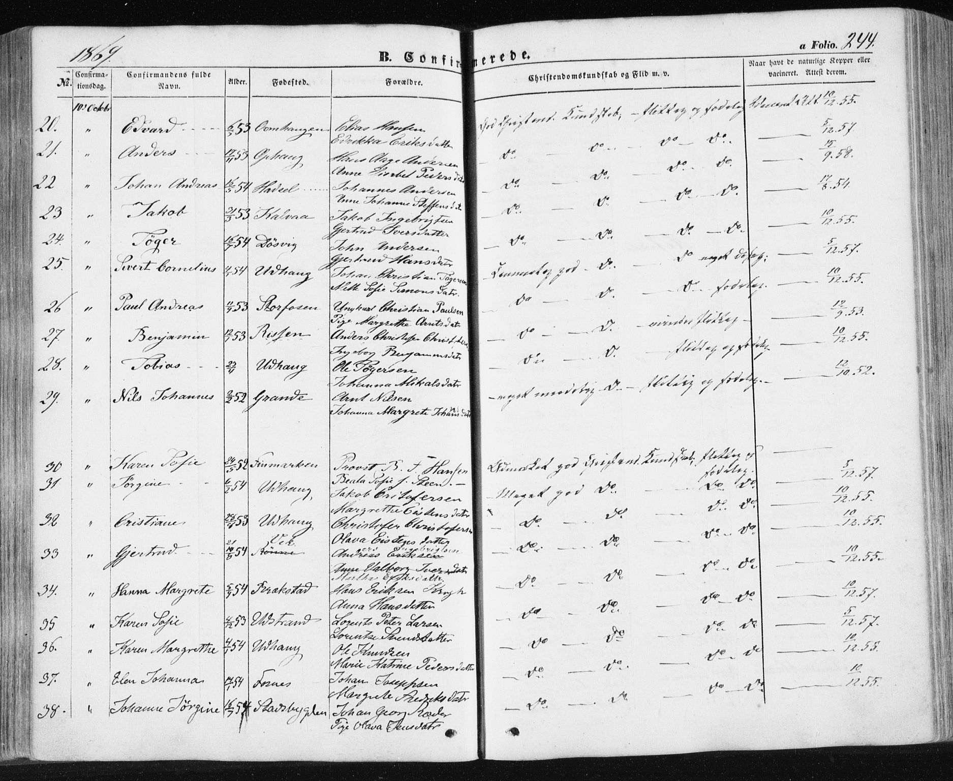 Ministerialprotokoller, klokkerbøker og fødselsregistre - Sør-Trøndelag, SAT/A-1456/659/L0737: Parish register (official) no. 659A07, 1857-1875, p. 244