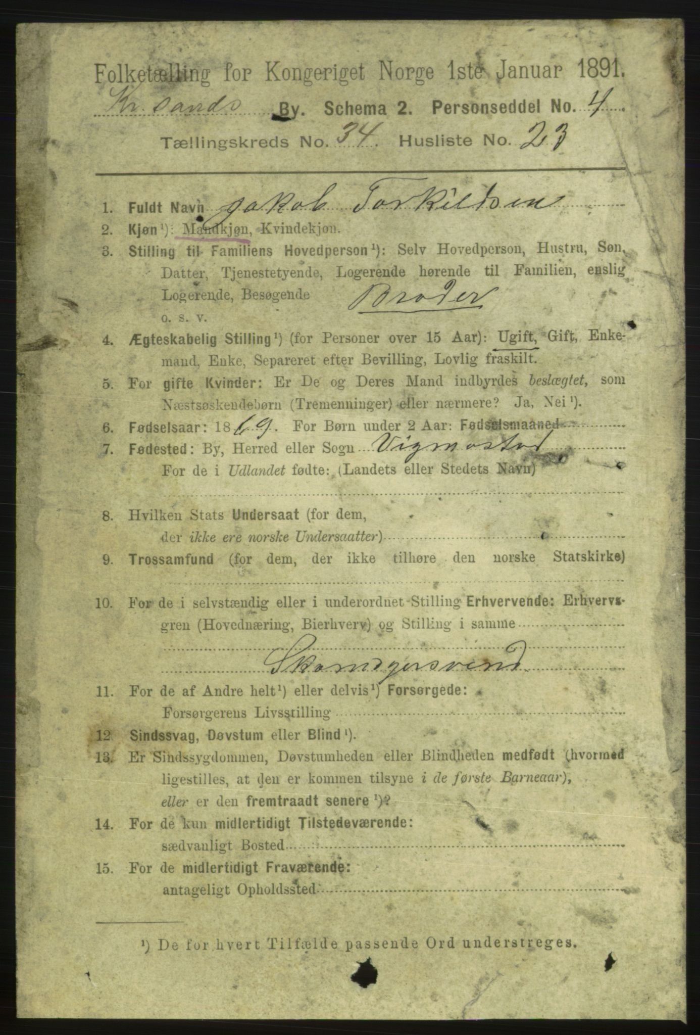 RA, 1891 census for 1001 Kristiansand, 1891, p. 11009