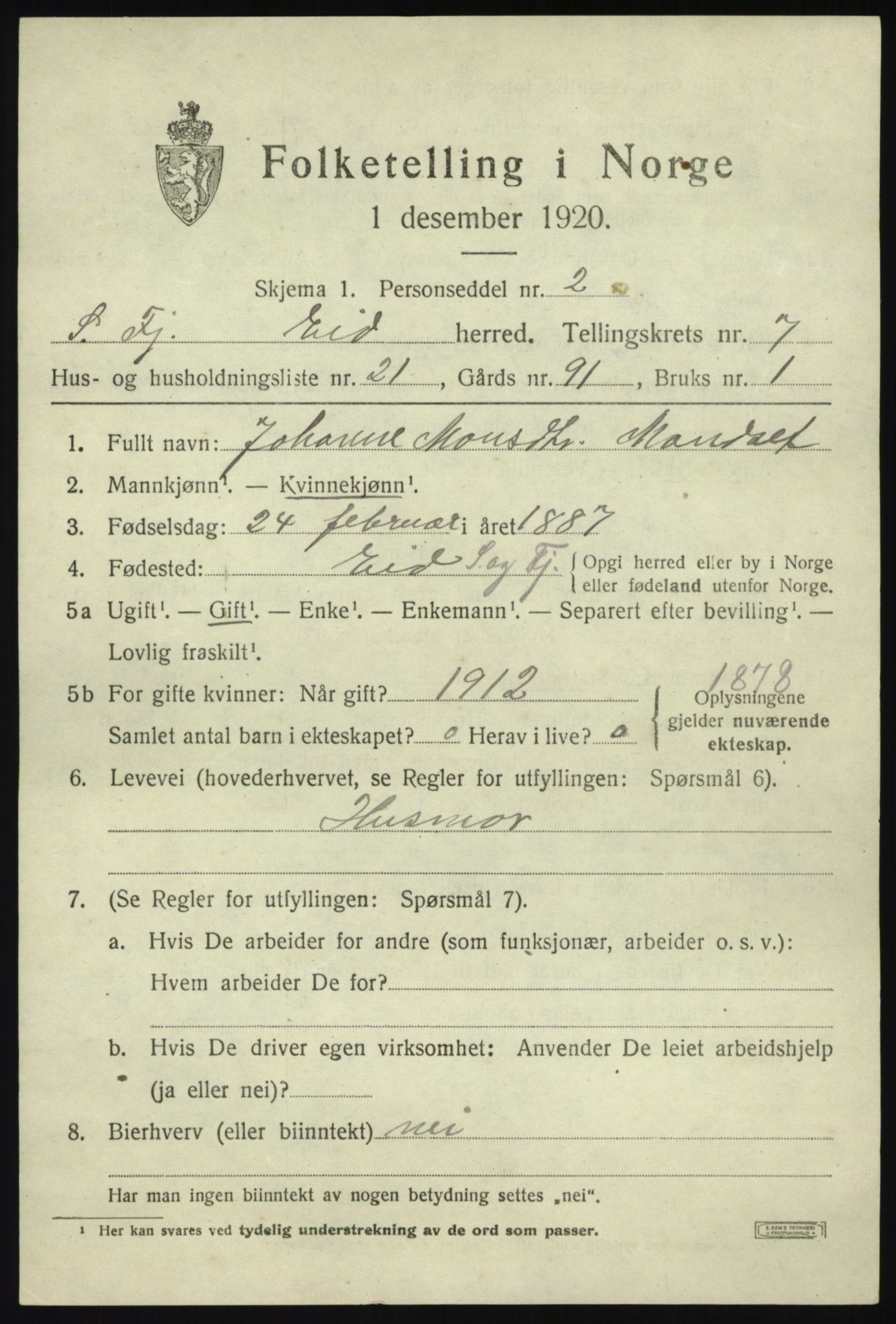 SAB, 1920 census for Eid, 1920, p. 3734