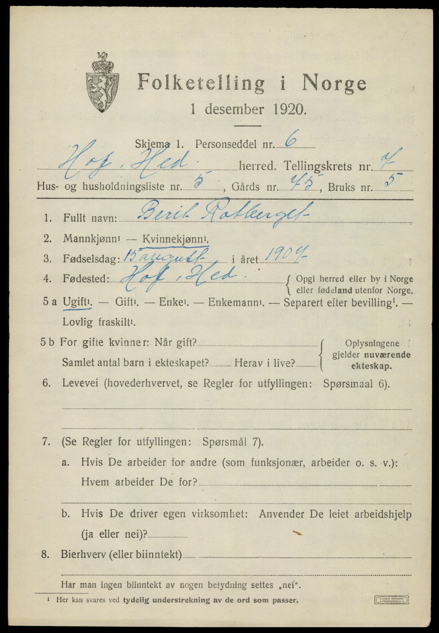 SAH, 1920 census for Hof, 1920, p. 7957