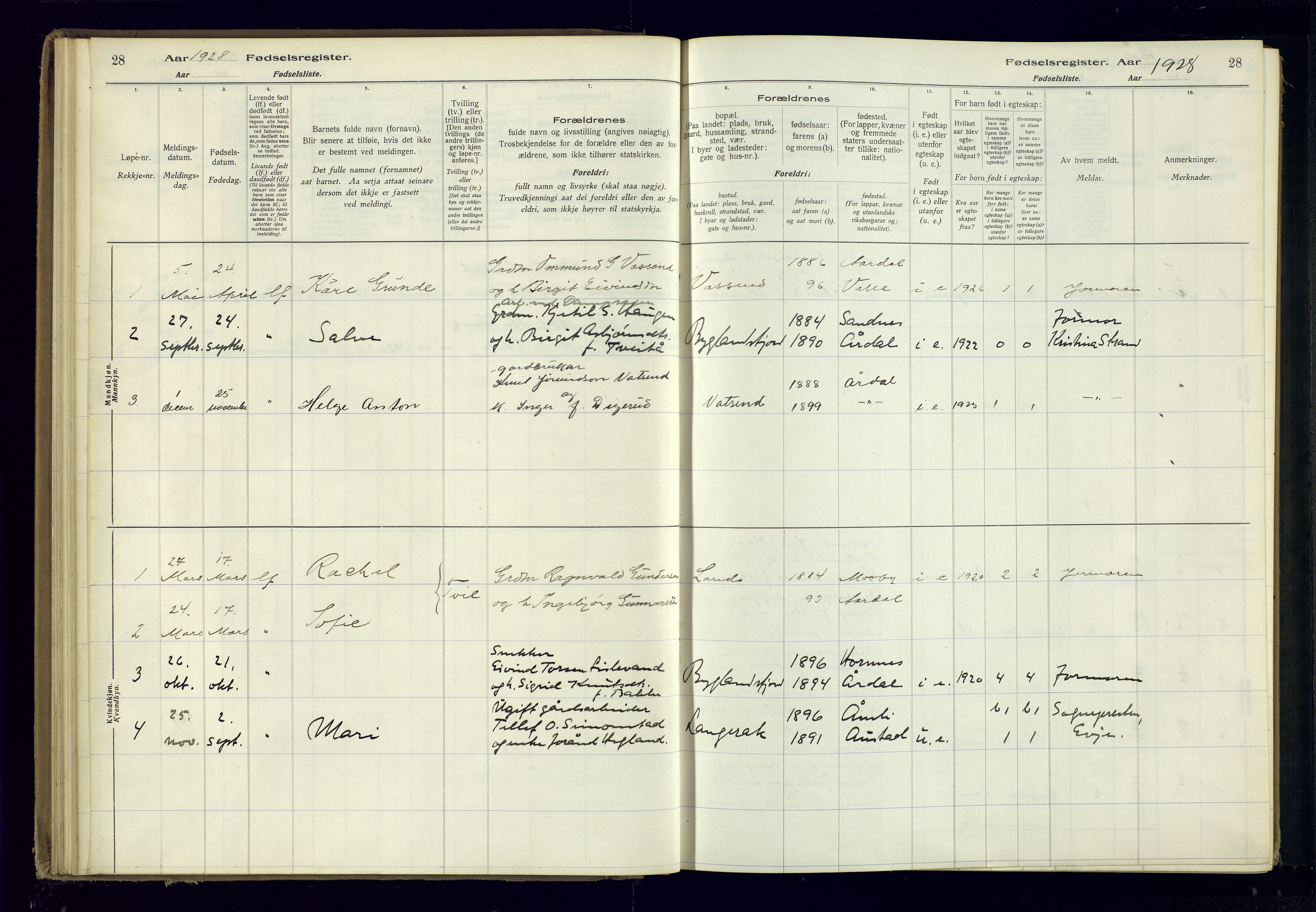 Bygland sokneprestkontor, AV/SAK-1111-0006/J/Ja/L0004: Birth register no. II.4.5, 1916-1983, p. 28