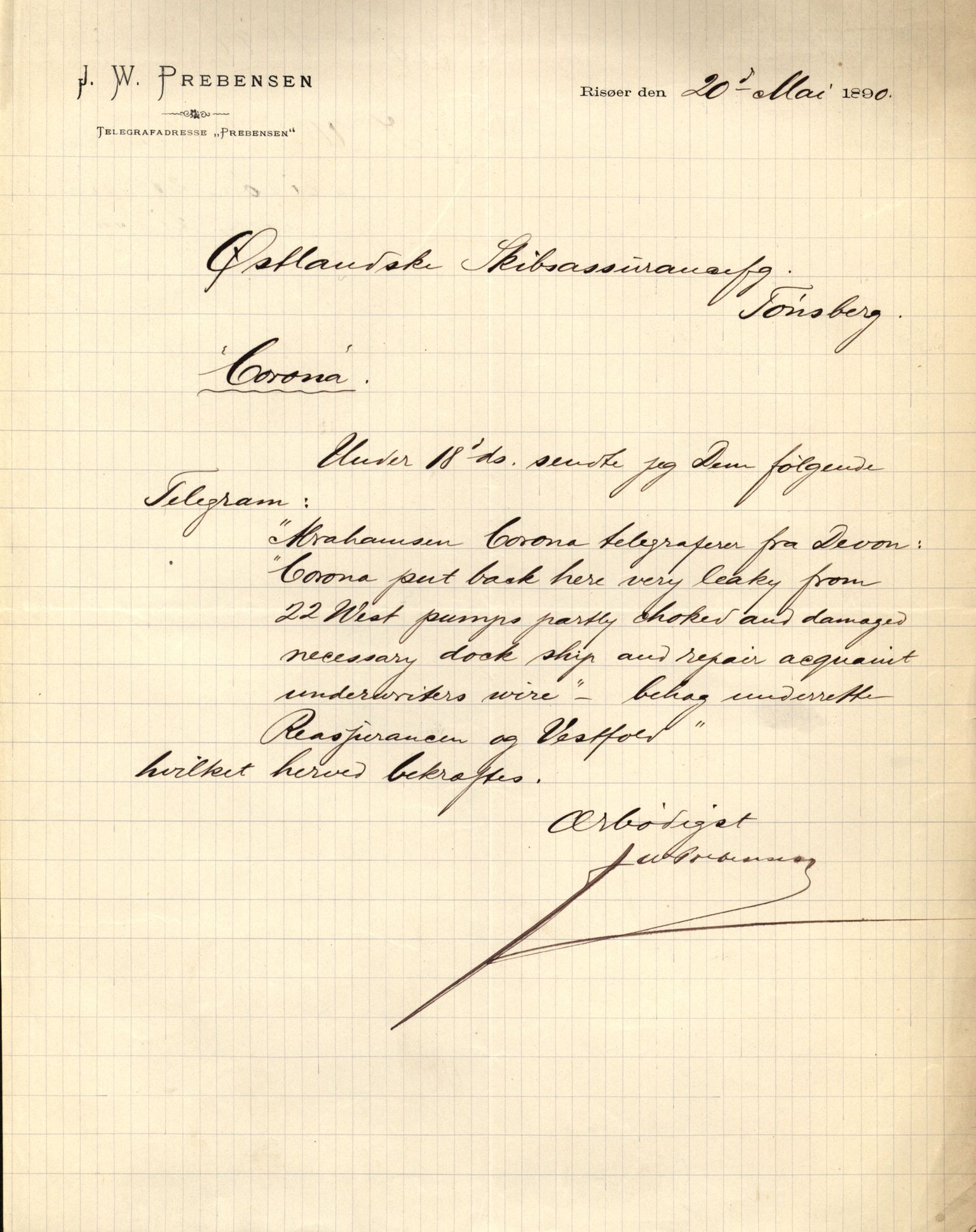 Pa 63 - Østlandske skibsassuranceforening, VEMU/A-1079/G/Ga/L0025/0003: Havaridokumenter / Josephine, Carl, Johanna, Castro, Comorin, Corona, 1890, p. 143