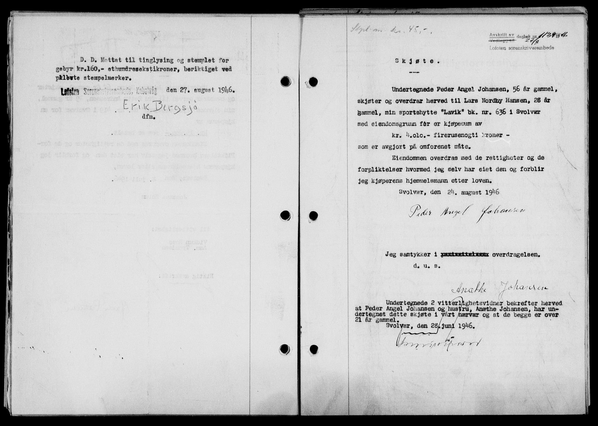 Lofoten sorenskriveri, SAT/A-0017/1/2/2C/L0014a: Mortgage book no. 14a, 1946-1946, Diary no: : 1139/1946