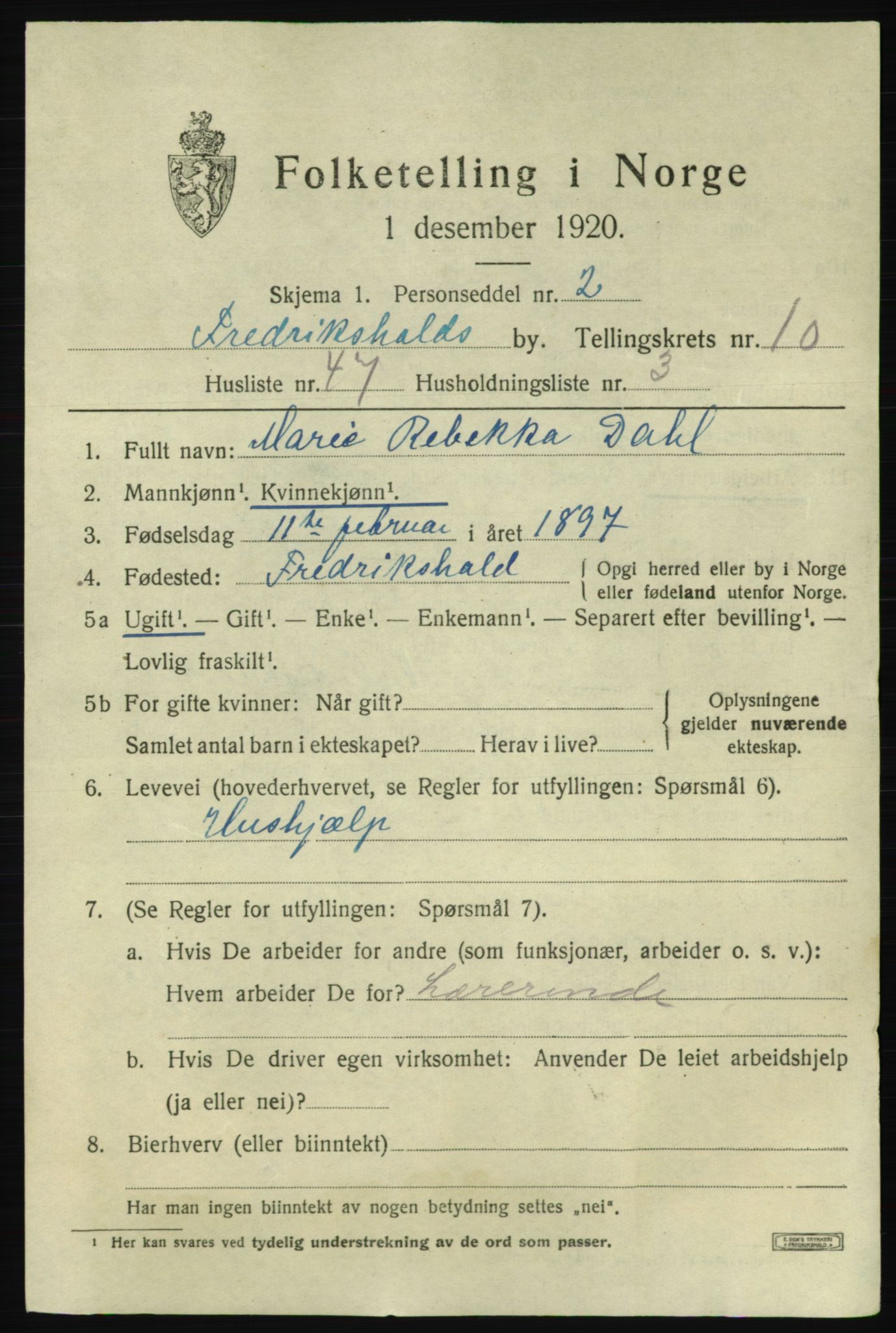 SAO, 1920 census for Fredrikshald, 1920, p. 18729