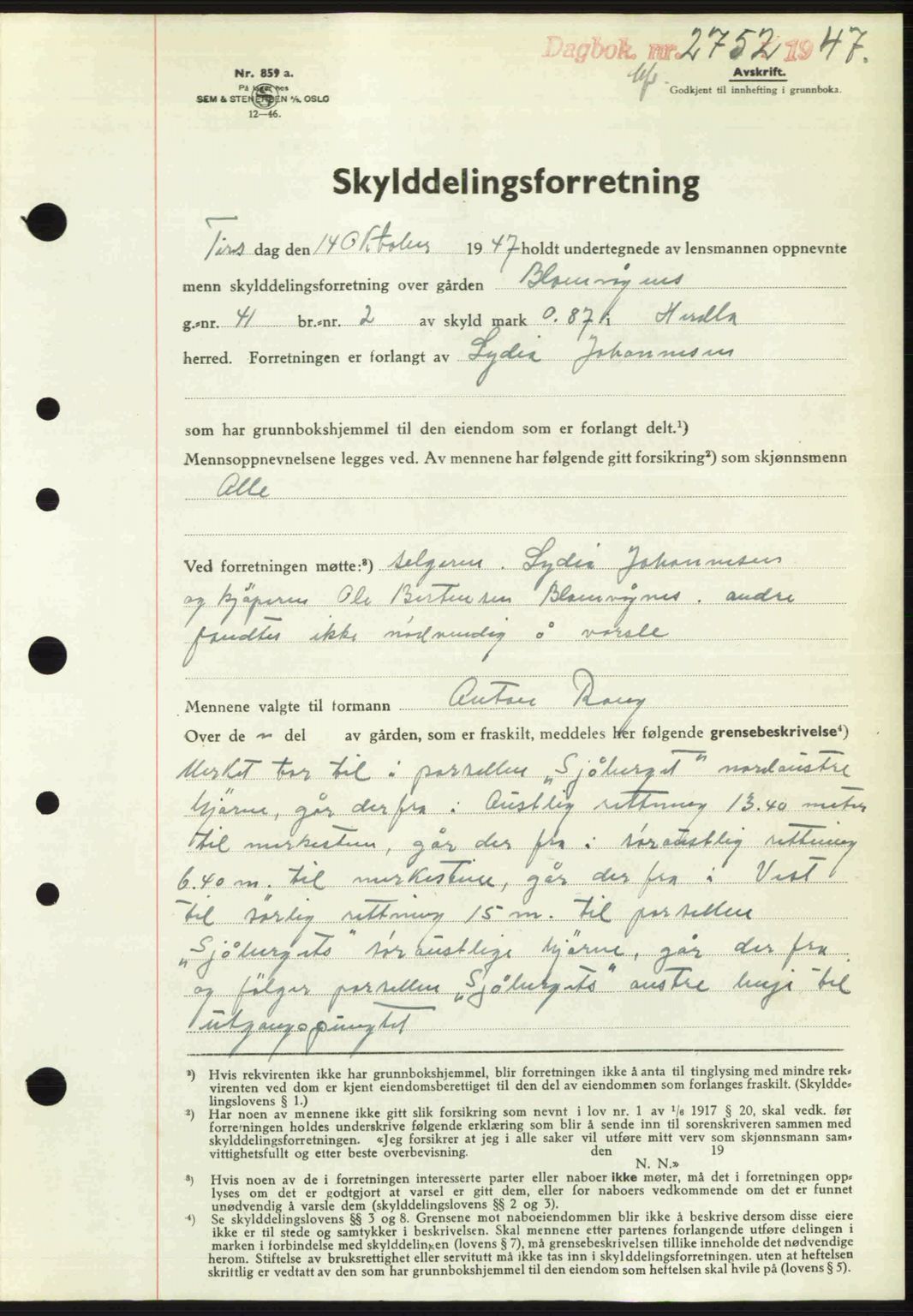 Nordhordland sorenskrivar, SAB/A-2901/1/G/Gb/Gbf/L0032: Mortgage book no. A32, 1947-1947, Diary no: : 2752/1947