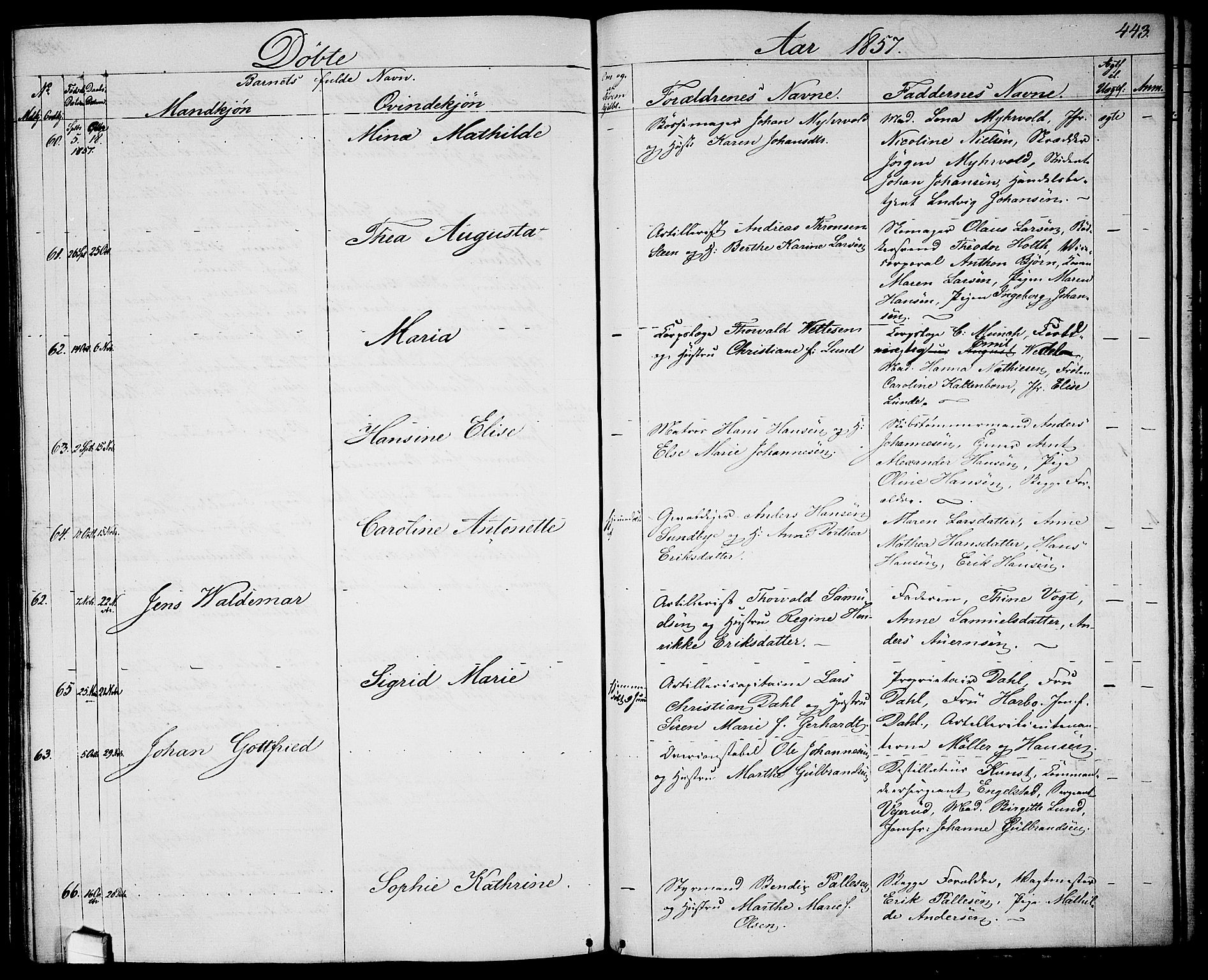 Garnisonsmenigheten Kirkebøker, AV/SAO-A-10846/G/Ga/L0005: Parish register (copy) no. 5, 1841-1860, p. 443