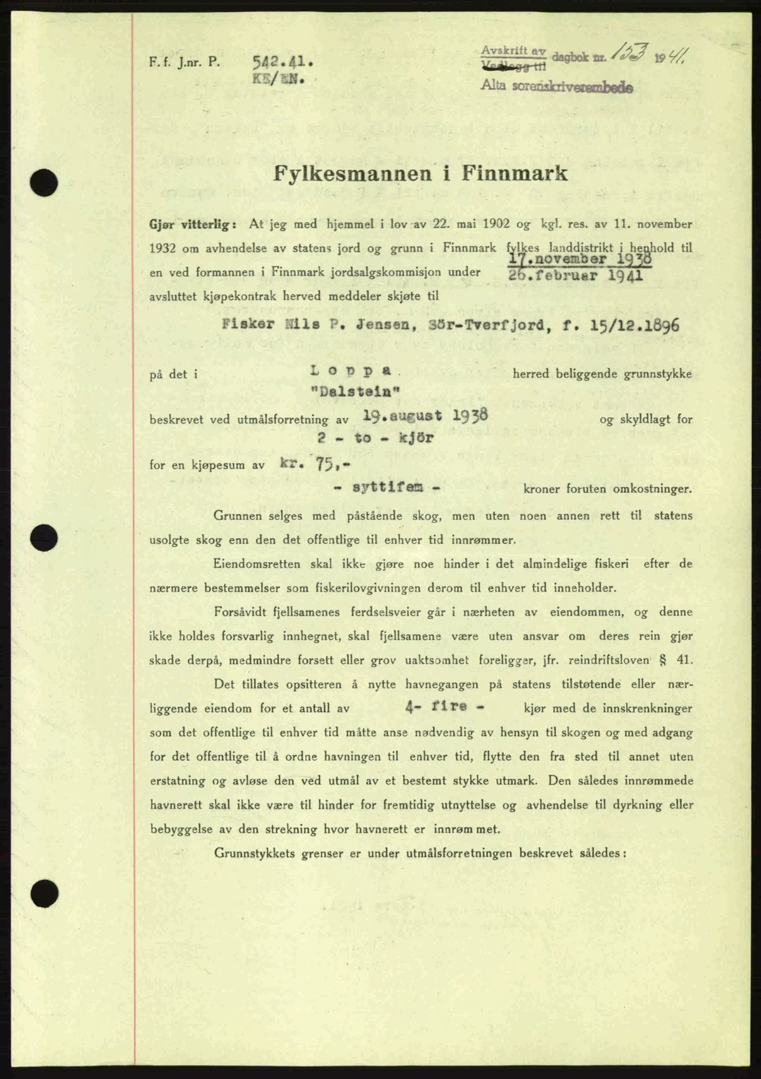 Alta fogderi/sorenskriveri, SATØ/SATØ-5/1/K/Kd/L0033pantebok: Mortgage book no. 33, 1940-1943, Diary no: : 153/1941