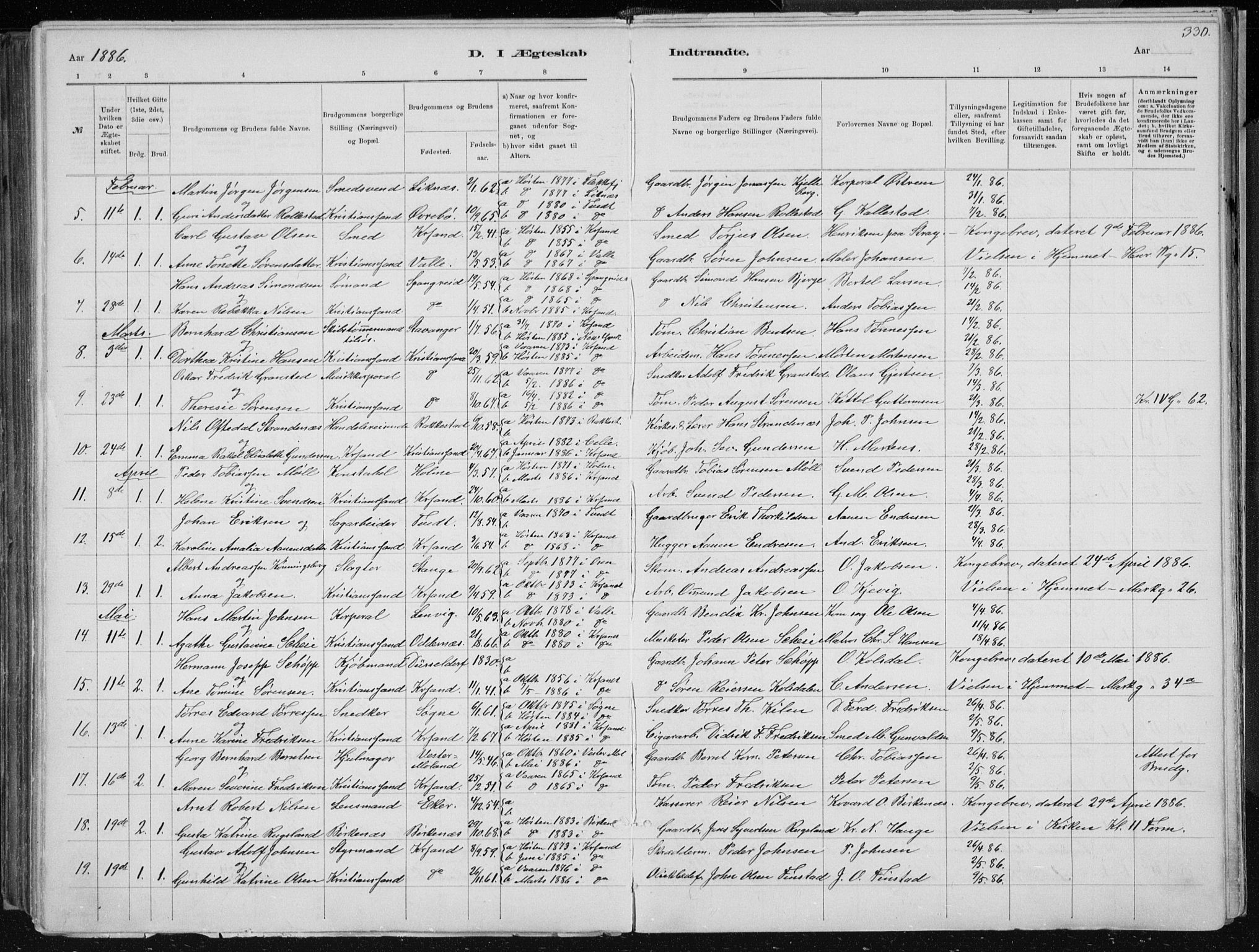 Kristiansand domprosti, SAK/1112-0006/F/Fb/L0014: Parish register (copy) no. B 14, 1881-1896, p. 330