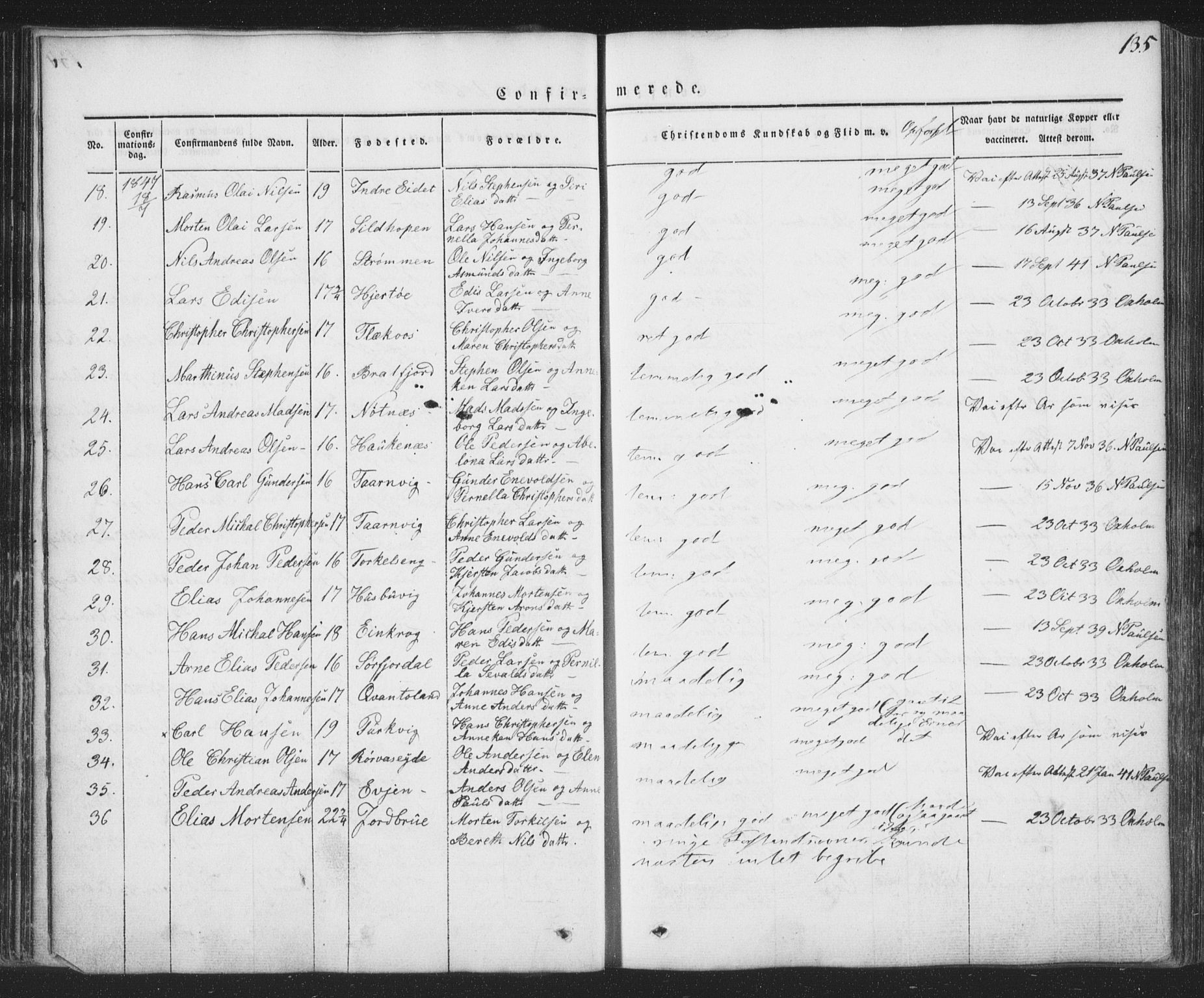 Ministerialprotokoller, klokkerbøker og fødselsregistre - Nordland, AV/SAT-A-1459/853/L0769: Parish register (official) no. 853A08, 1836-1856, p. 135