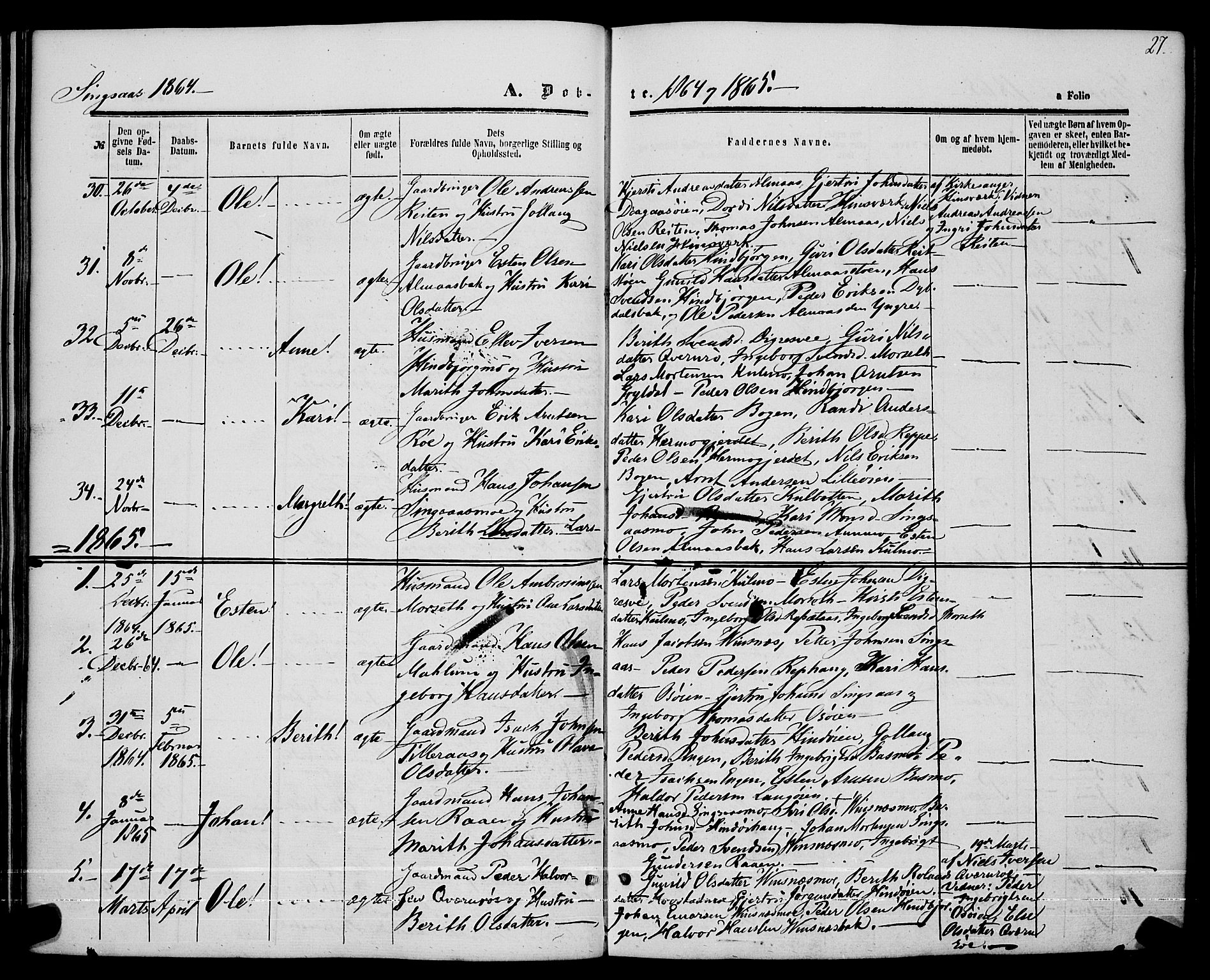 Ministerialprotokoller, klokkerbøker og fødselsregistre - Sør-Trøndelag, SAT/A-1456/685/L0967: Parish register (official) no. 685A07 /2, 1860-1869, p. 27