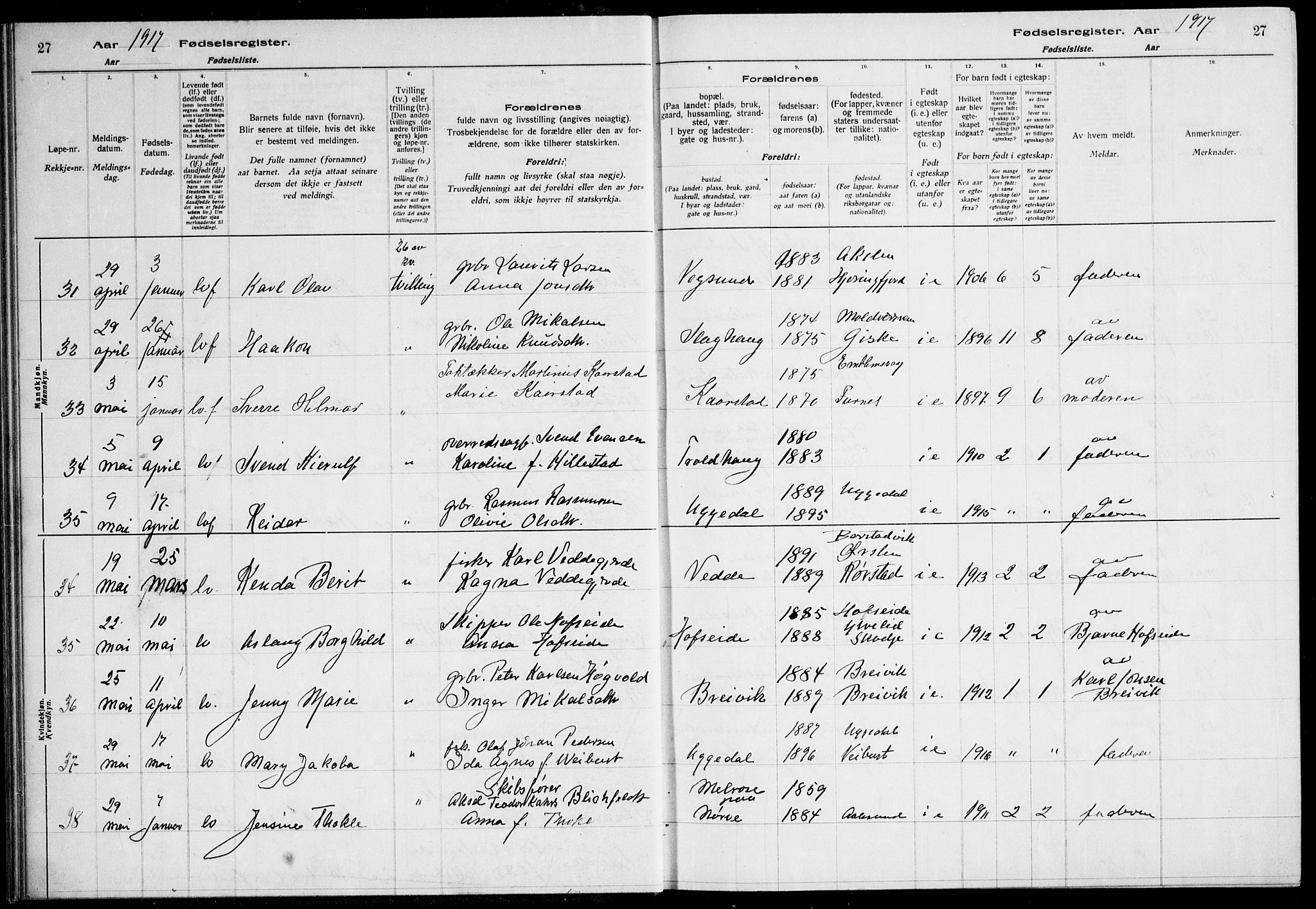 Ministerialprotokoller, klokkerbøker og fødselsregistre - Møre og Romsdal, AV/SAT-A-1454/528/L0442: Birth register no. 528.II.4.1, 1916-1924, p. 27