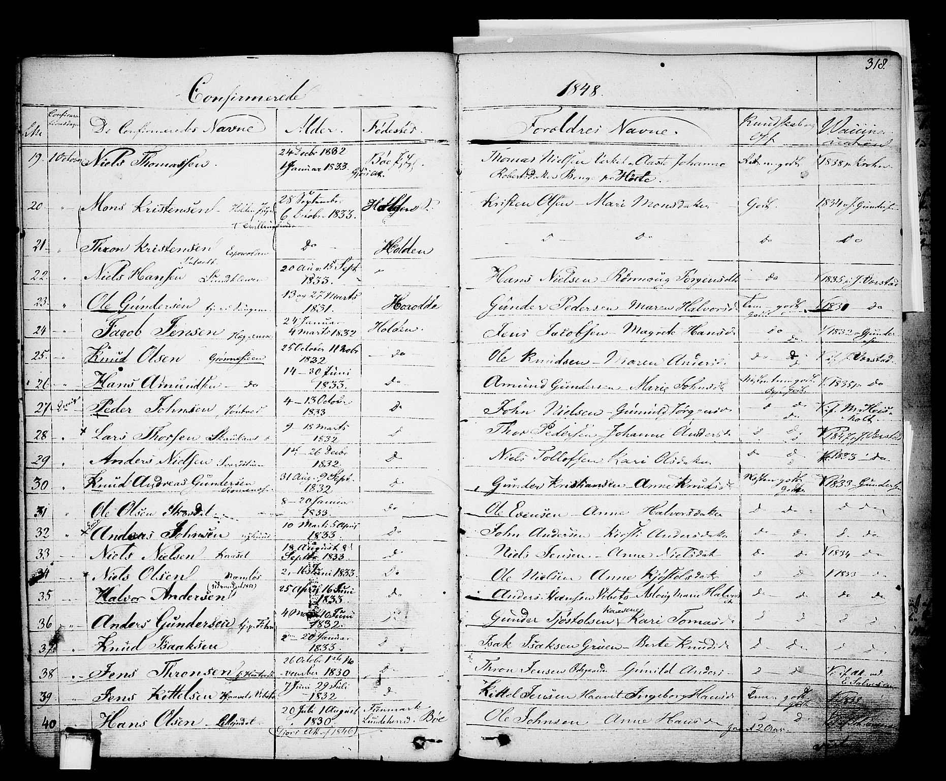 Holla kirkebøker, SAKO/A-272/F/Fa/L0004: Parish register (official) no. 4, 1830-1848, p. 318