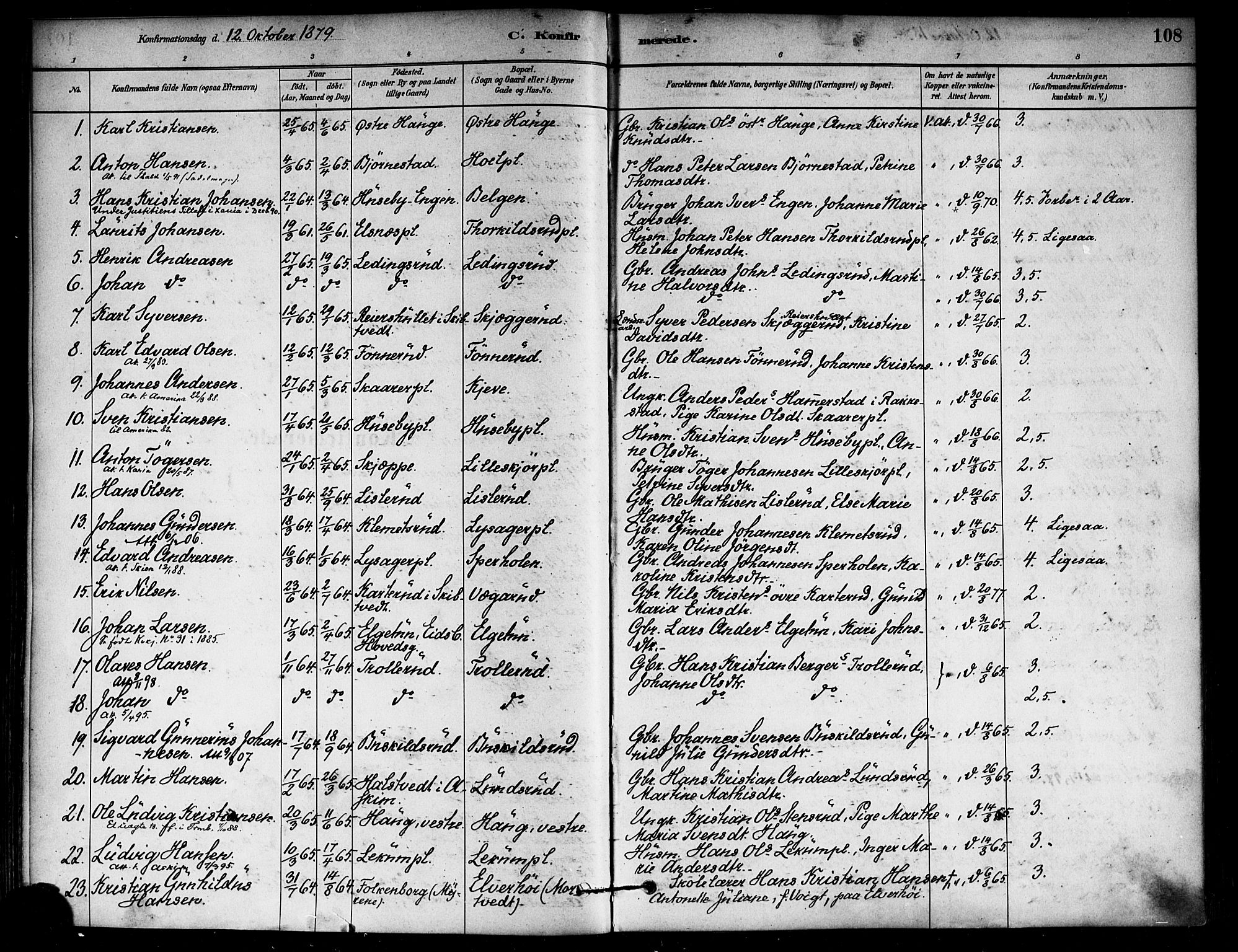 Eidsberg prestekontor Kirkebøker, SAO/A-10905/F/Fa/L0012: Parish register (official) no. I 12, 1879-1901, p. 108