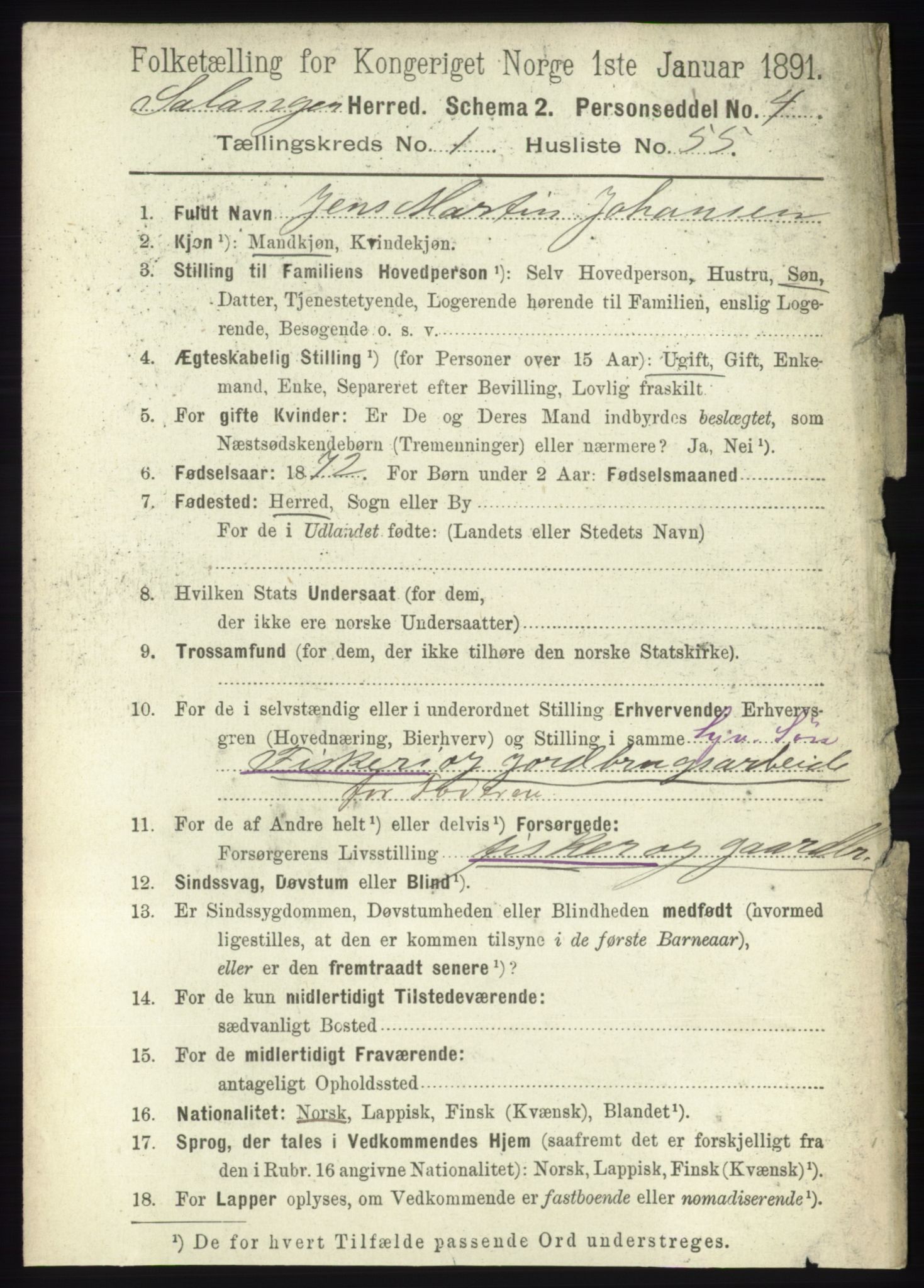 RA, 1891 census for 1921 Salangen, 1891, p. 471