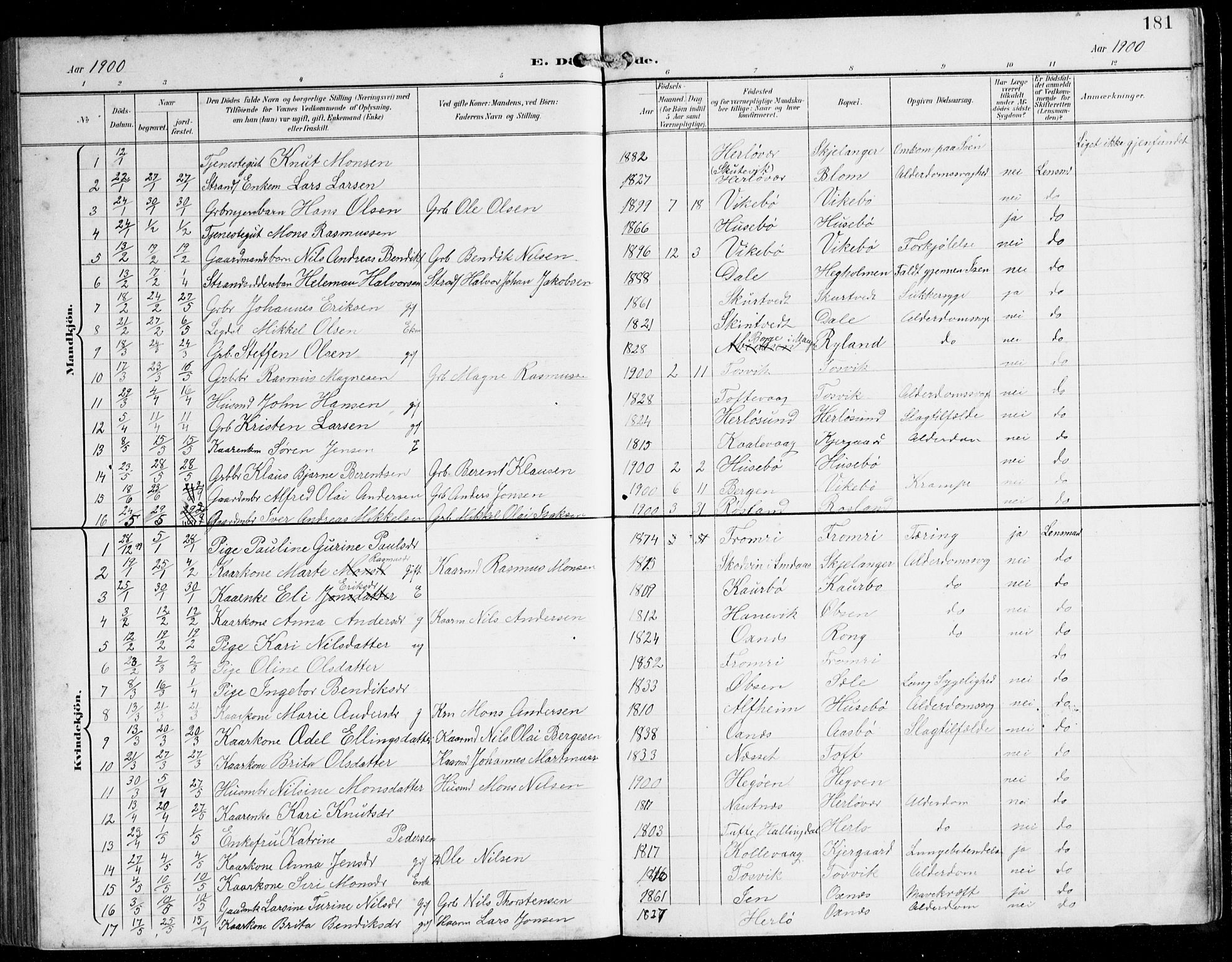 Herdla Sokneprestembete, AV/SAB-A-75701/H/Hab: Parish register (copy) no. C 1, 1900-1913, p. 181