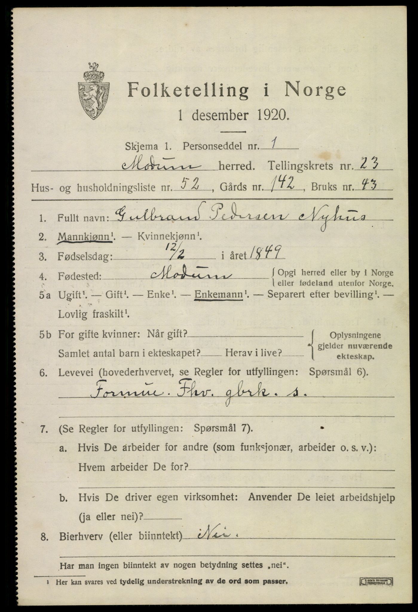 SAKO, 1920 census for Modum, 1920, p. 24291