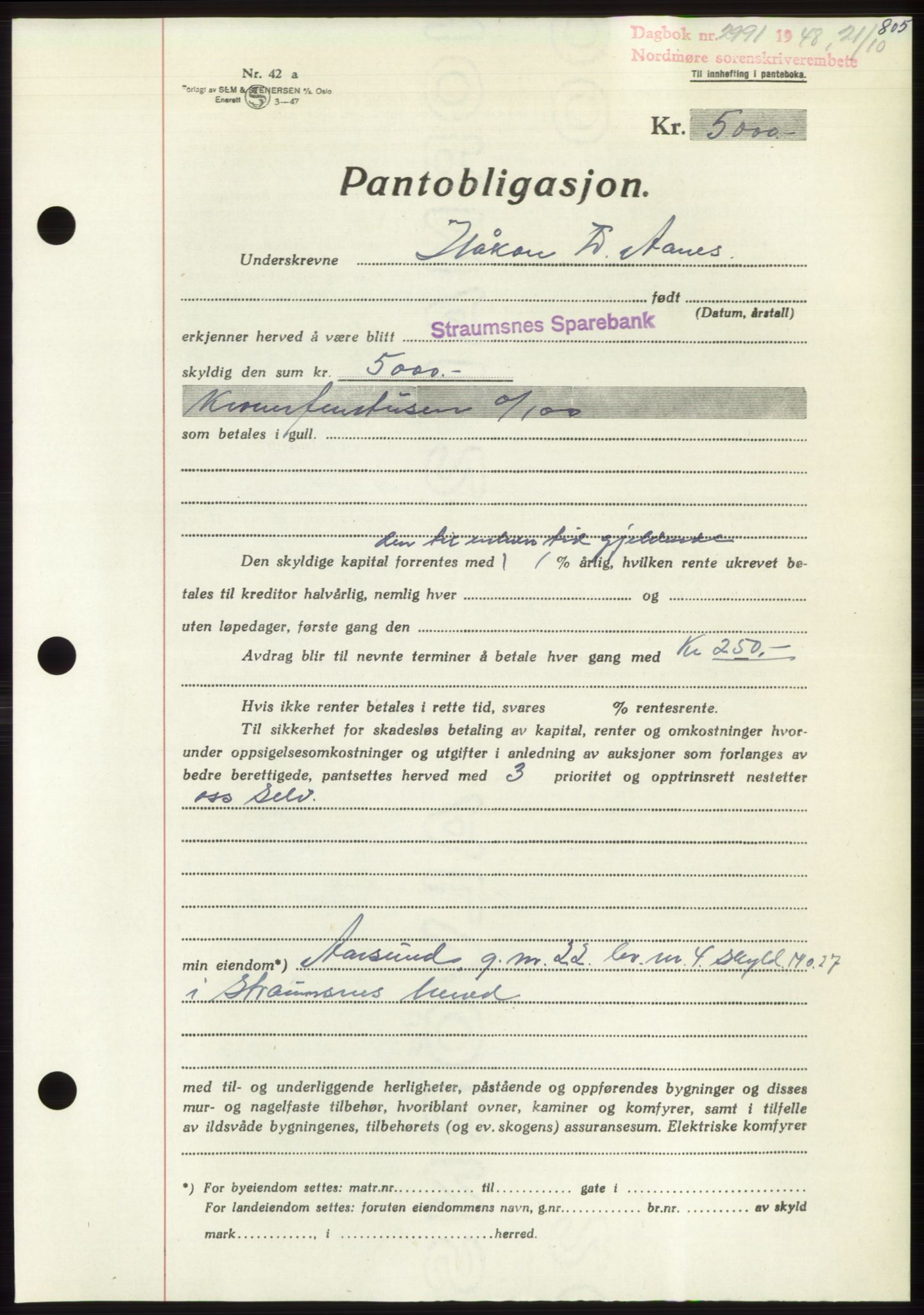 Nordmøre sorenskriveri, AV/SAT-A-4132/1/2/2Ca: Mortgage book no. B99, 1948-1948, Diary no: : 2991/1948