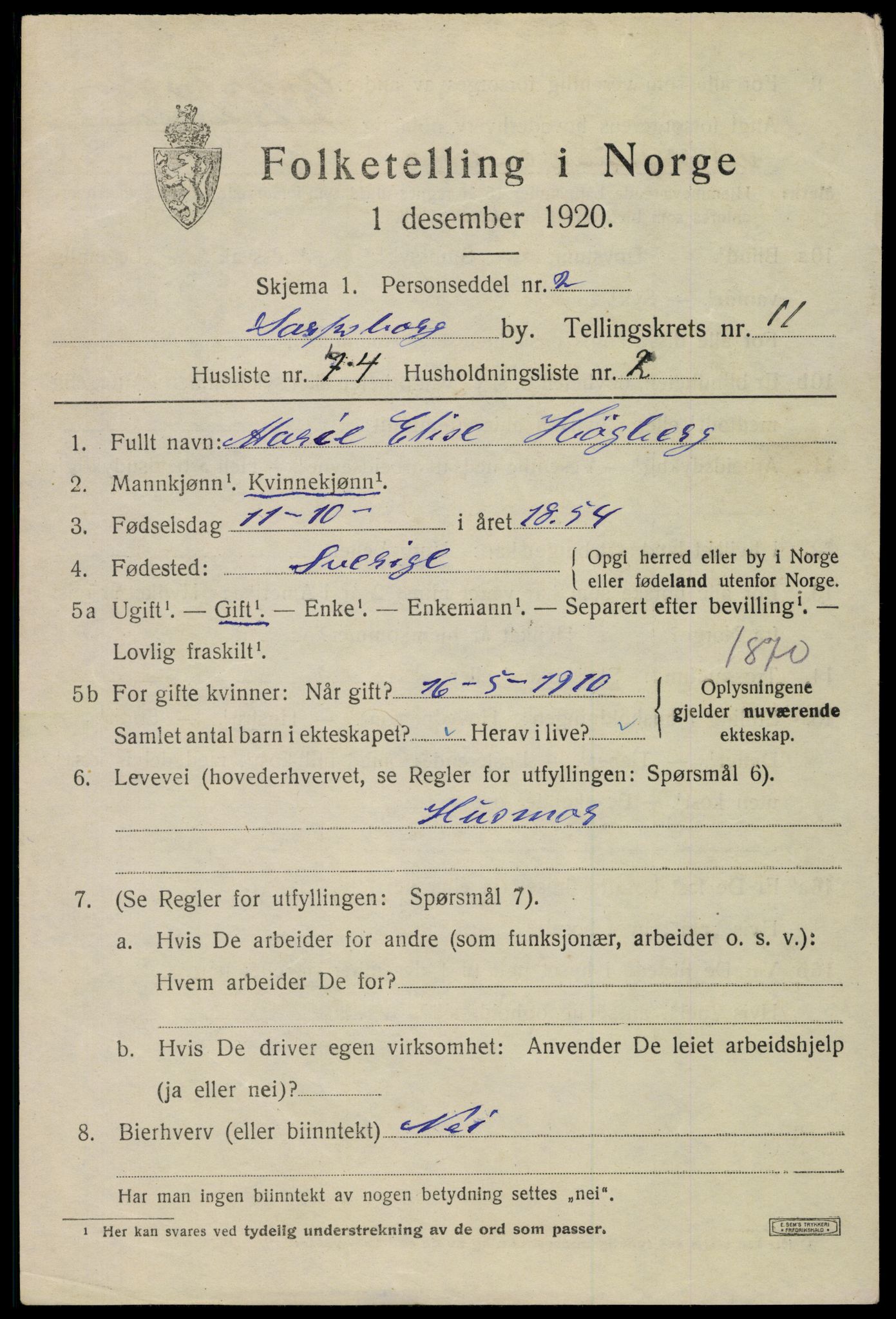 SAO, 1920 census for Sarpsborg, 1920, p. 24380