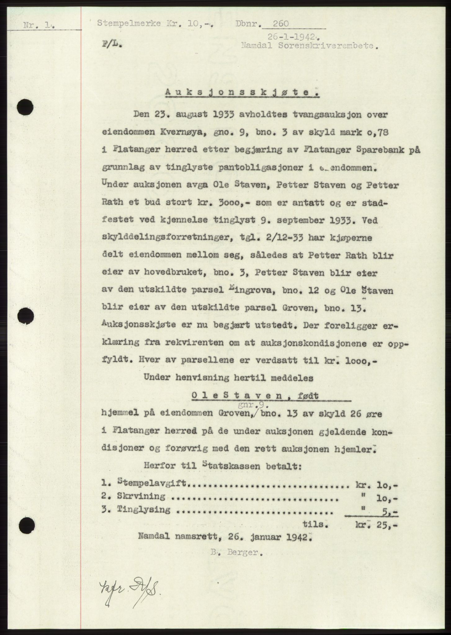 Namdal sorenskriveri, SAT/A-4133/1/2/2C: Mortgage book no. -, 1941-1942, Diary no: : 260/1942