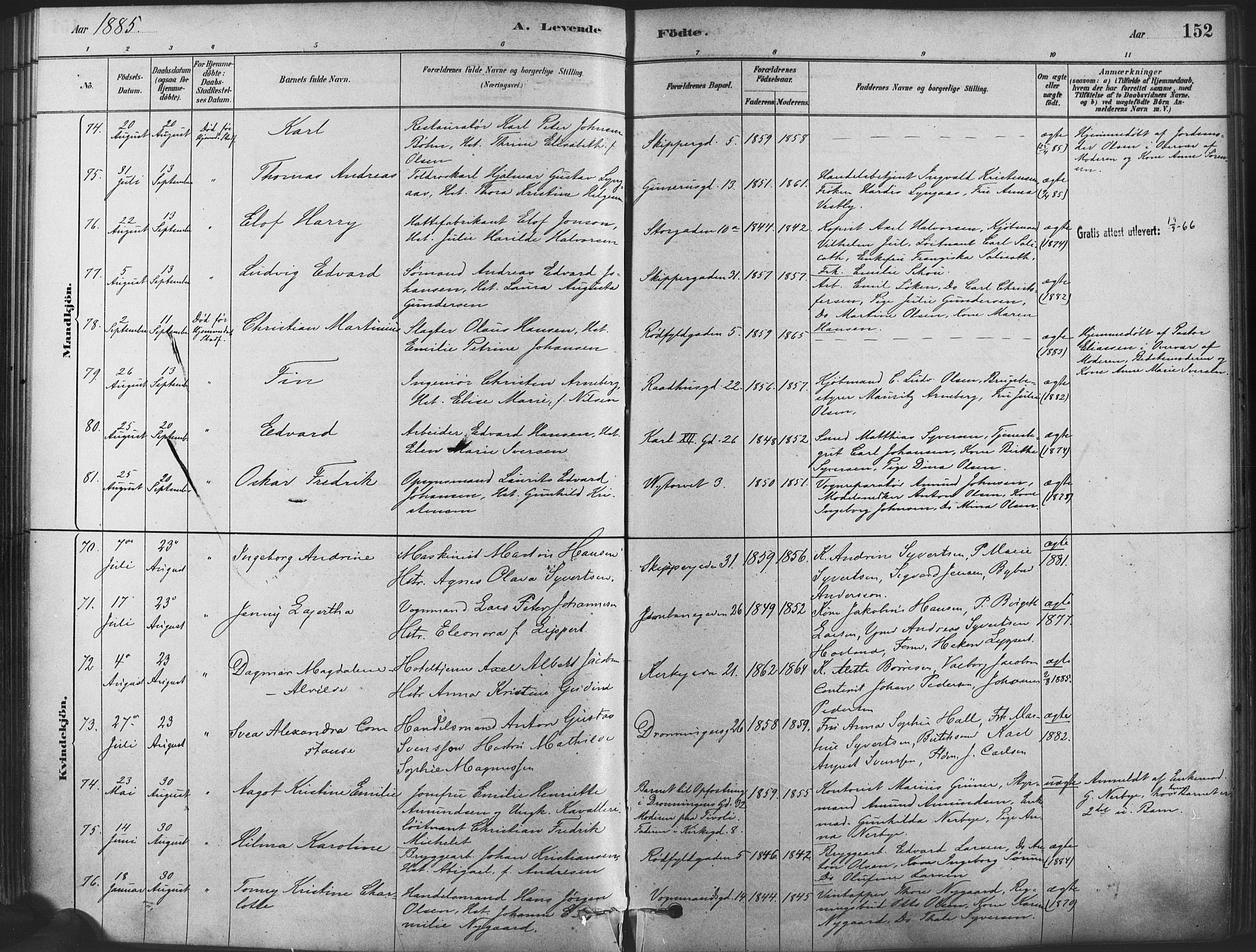 Oslo domkirke Kirkebøker, SAO/A-10752/F/Fa/L0029: Parish register (official) no. 29, 1879-1892, p. 152