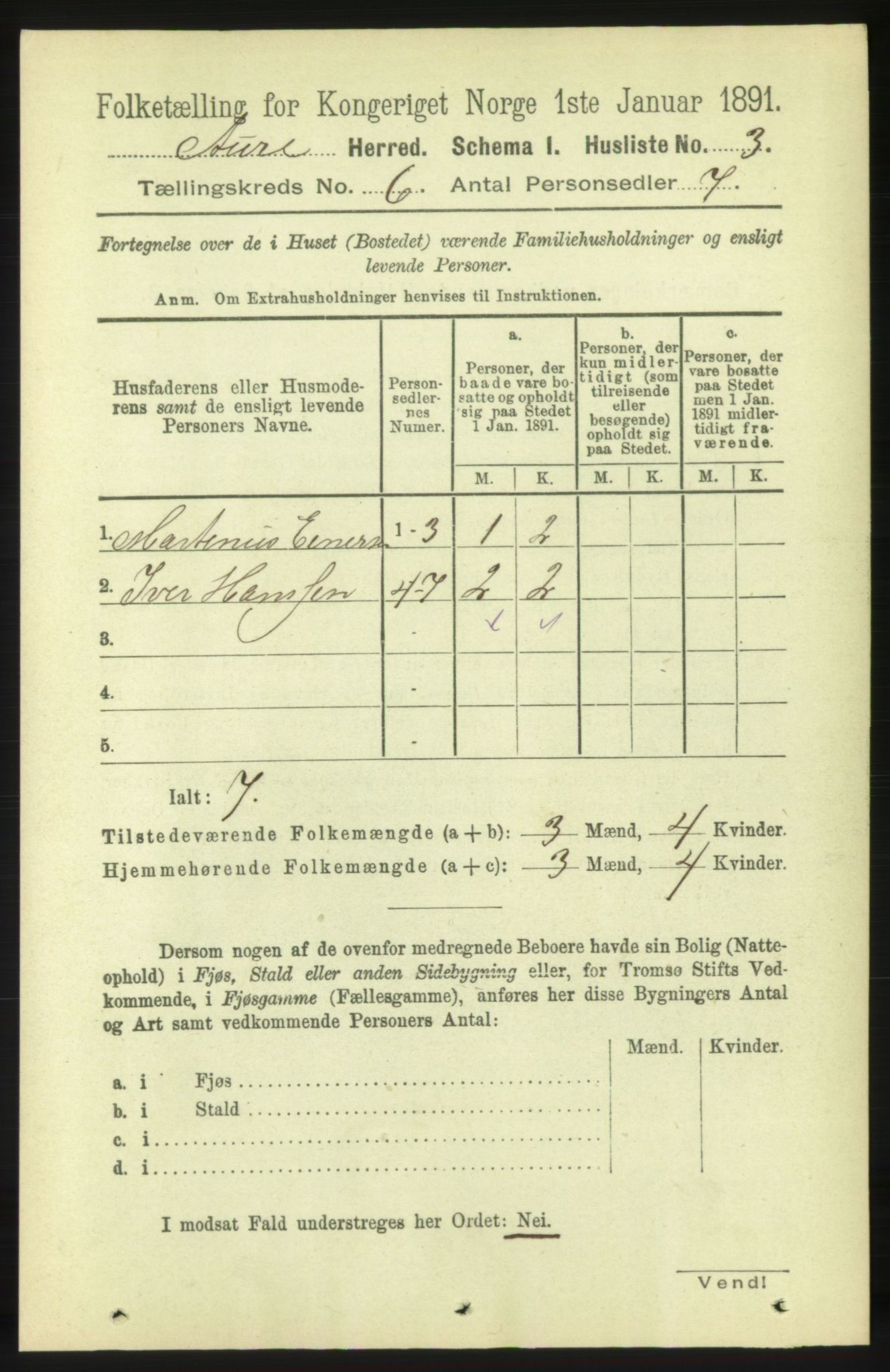 RA, 1891 census for 1569 Aure, 1891, p. 3305