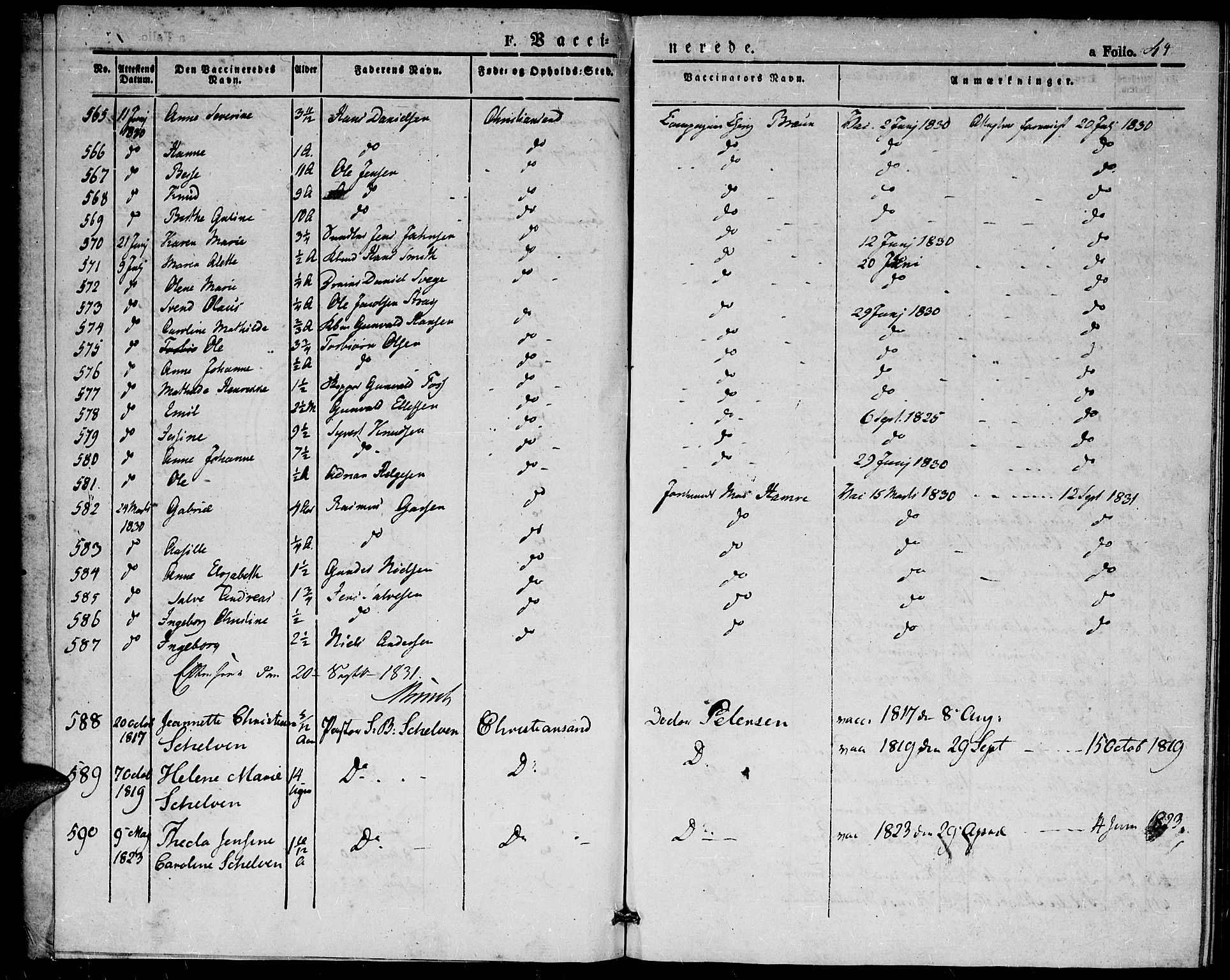 Kristiansand domprosti, AV/SAK-1112-0006/F/Fe/L0001: Vaccination register no. A VI 38, 1830-1844, p. 44