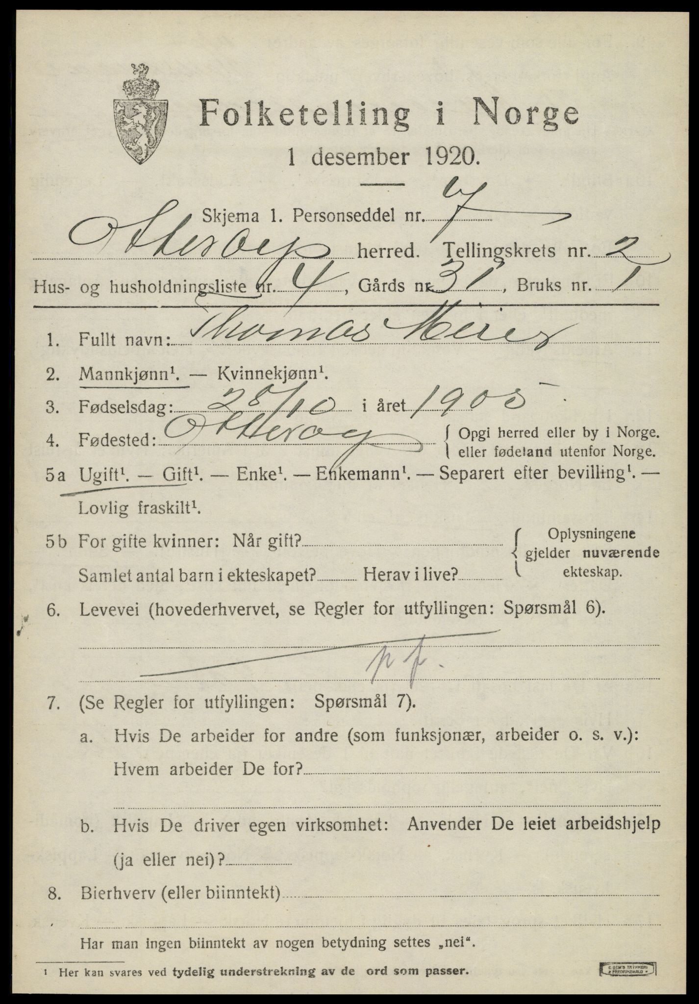 SAT, 1920 census for Otterøy, 1920, p. 1159